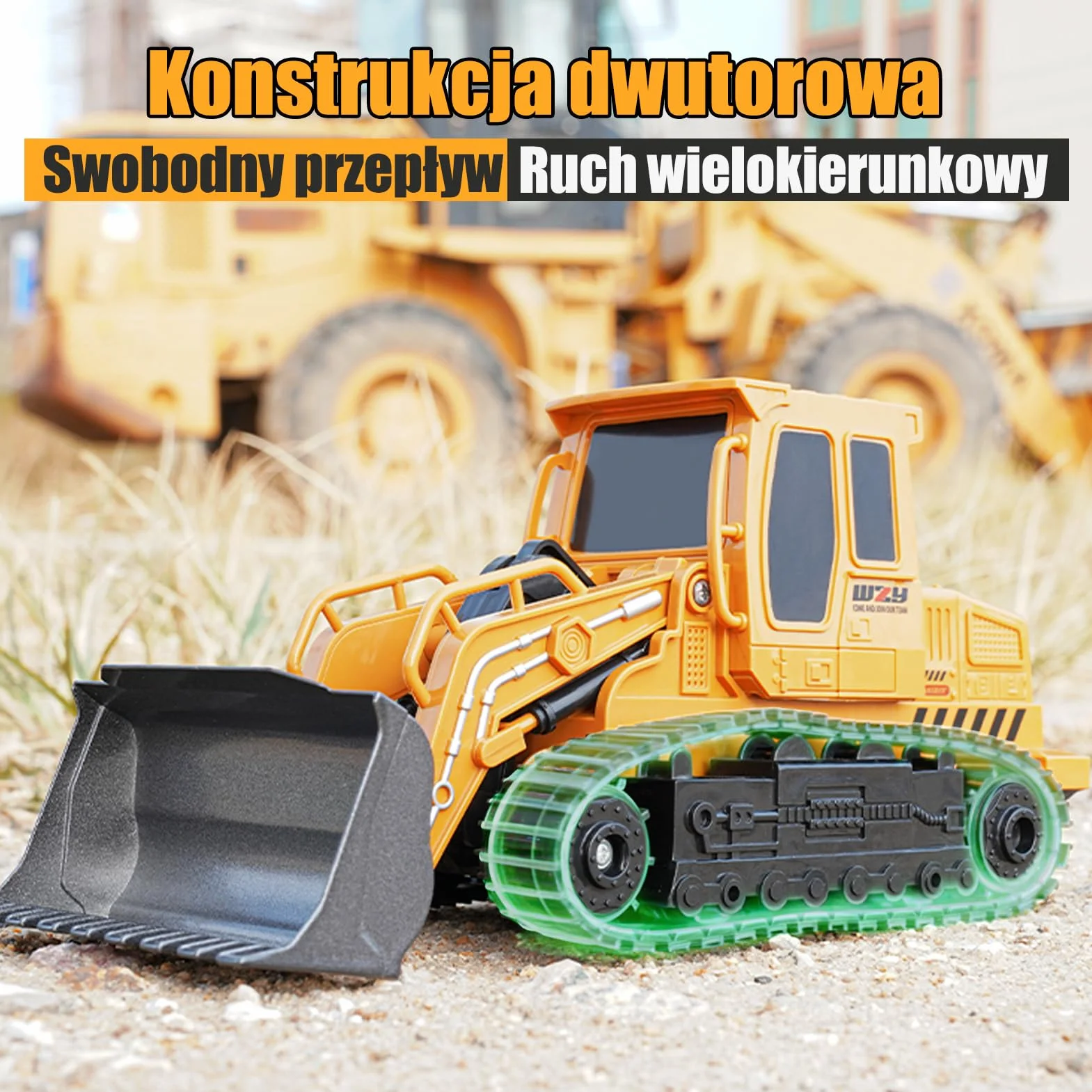 Jiakora Zdalnie sterowany buldożer, 2,4 GHz RC samochód traktor ciężarówka, ładowarka kołowa zdalnie sterowana światłem i dźwiękiem, 2 akumulatory 60 minut, koparka, pojazdy na placu budowy, zabawka