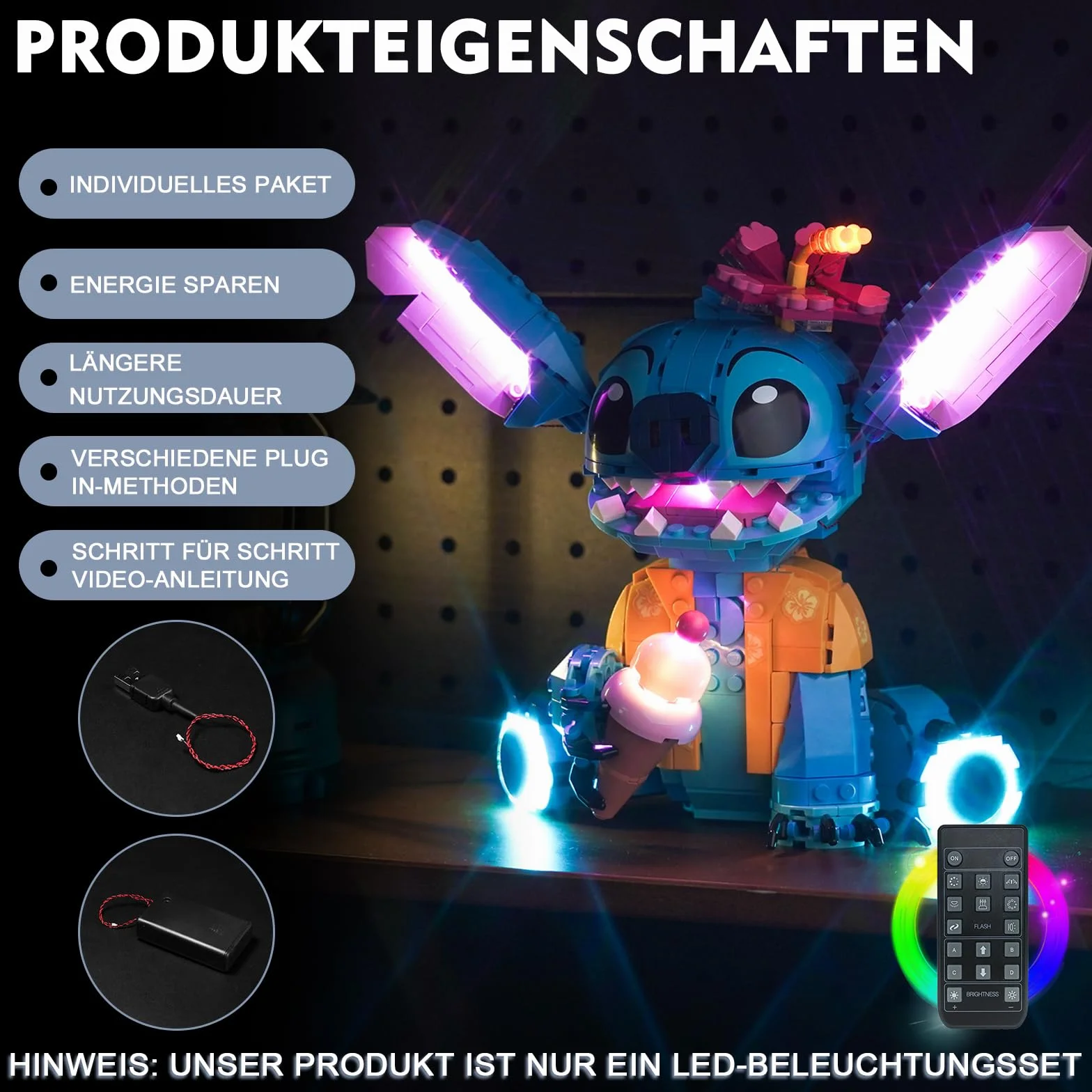 Zestaw oświetleniowy z pilotem zdalnego sterowania do Lego Stitch (bez modelu), zestaw oświetleniowy LED do zestawu Lego 43249 Stitch, kreatywna zabawka