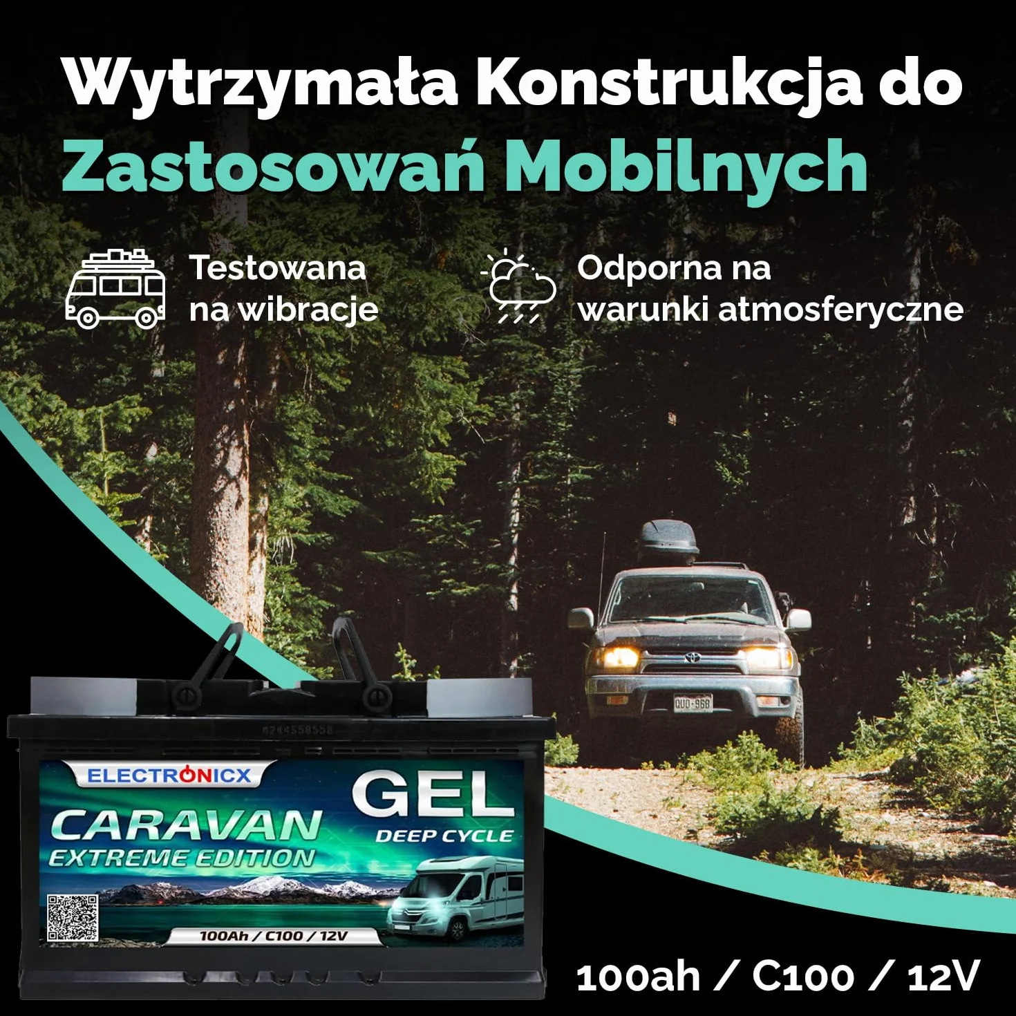 Electronicx CARAVAN EXTREME EDITION 100Ah / C100 / 12V – Żelowy akumulator zasilający – 100Ah – 12V – do kampera, vana, łodzi, systemów PV – bezobsługowy i wytrzymały – 278×175×190 mm