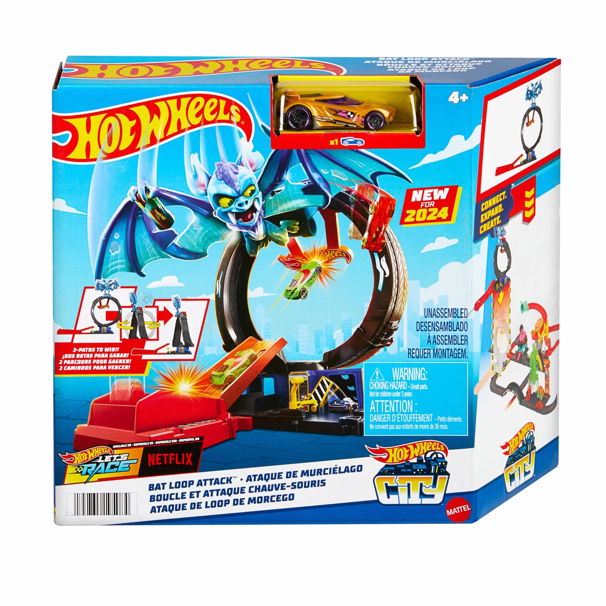 Hot Wheels City Let's Race – Na start! - Netflix - Pętla nietoperza Zestaw z pętlą do dostosowania, wyrzutnią i samochodzikiem w skali 1:64, HTN78