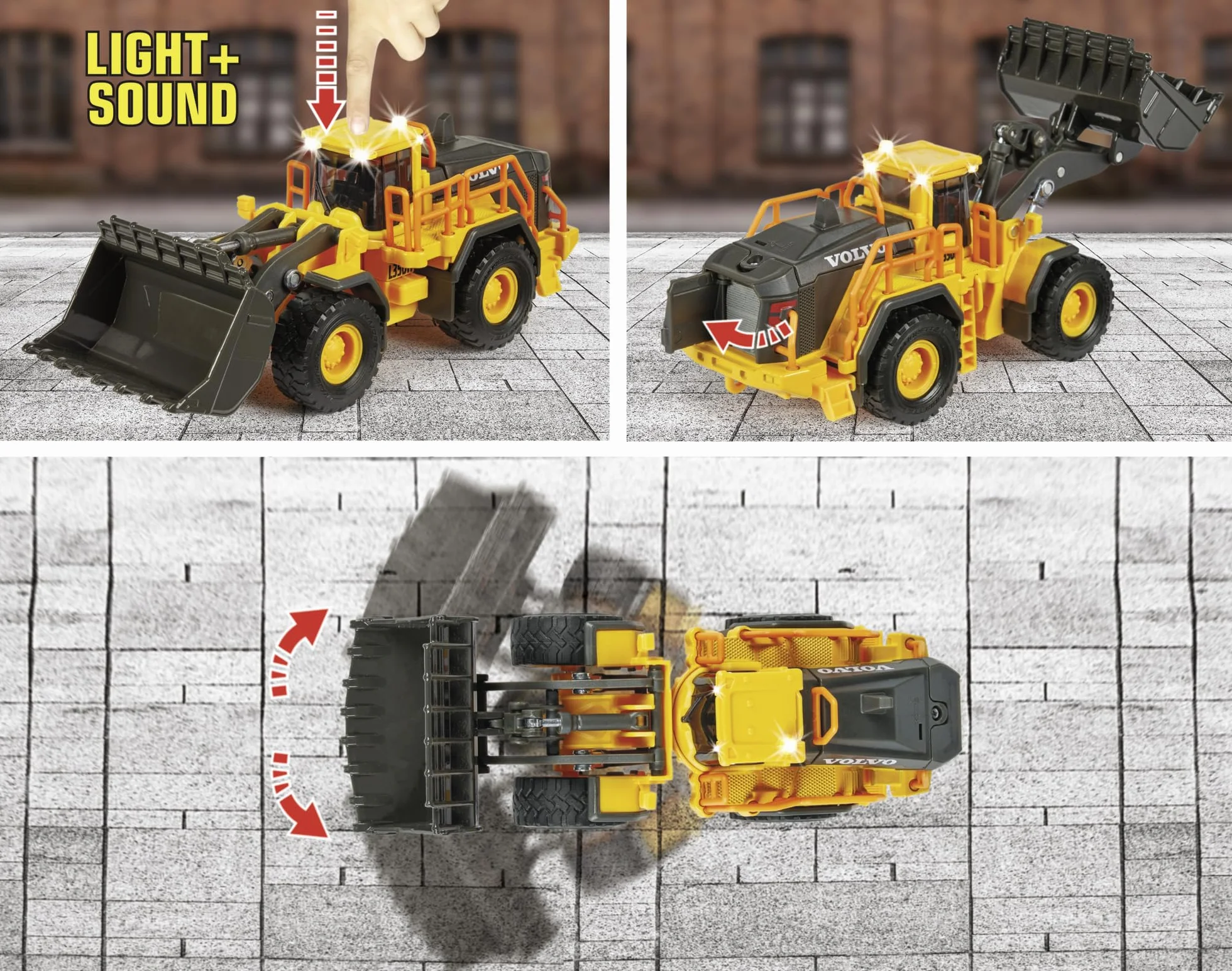 Majorette Grand 213723001 VOLVO Ładowarka Spychacz 21 cm, światło i dźwięk, zabawka pojazd budowlany buldożer metalowy diecast, od 3 lat