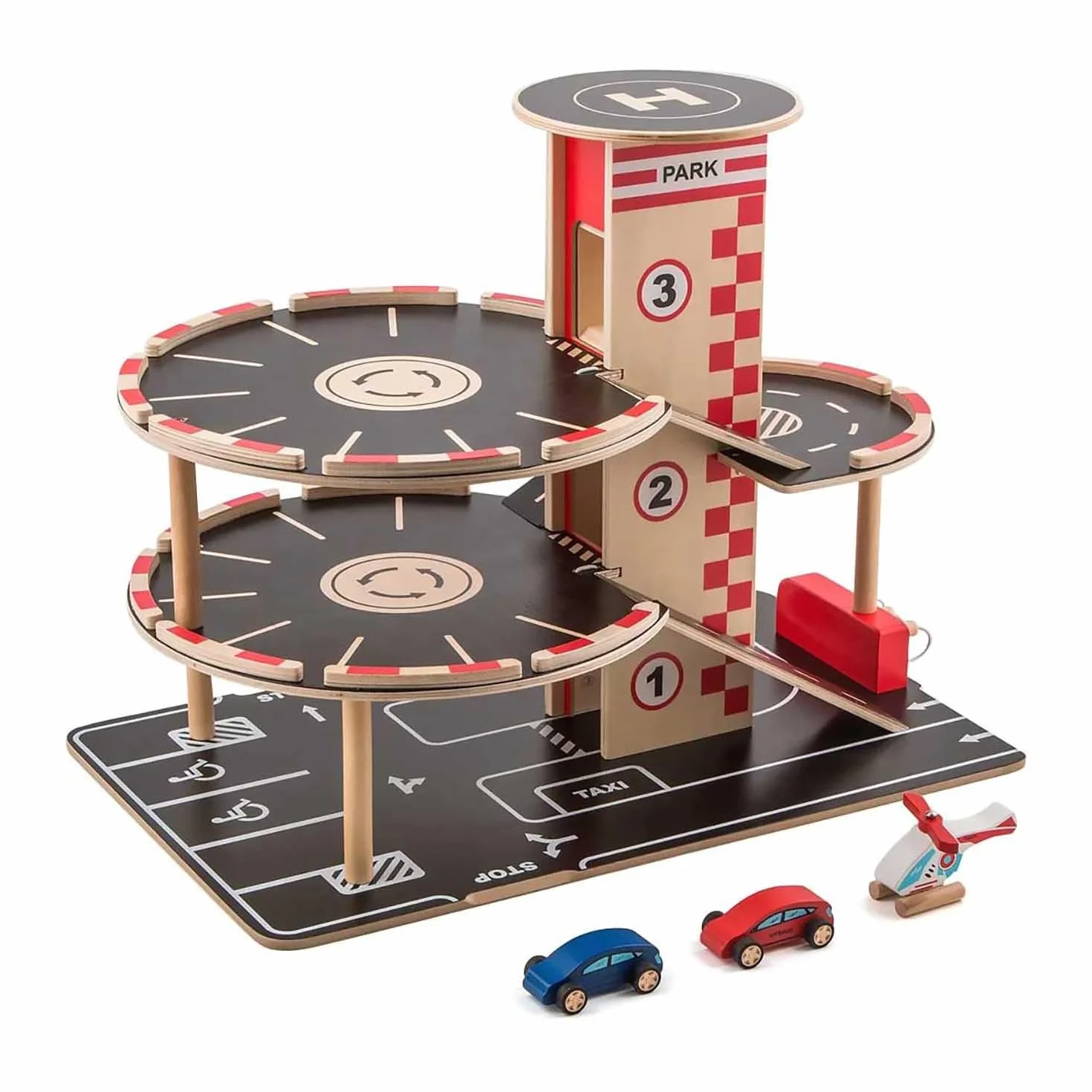 Sustainable Wood Toy Car, Toys For Kids, Hape “Park And Go” Garage Set With 4 Levels, 1 Lift, 2 Toy Cars, 1 Toy Helicopter. 3 years +