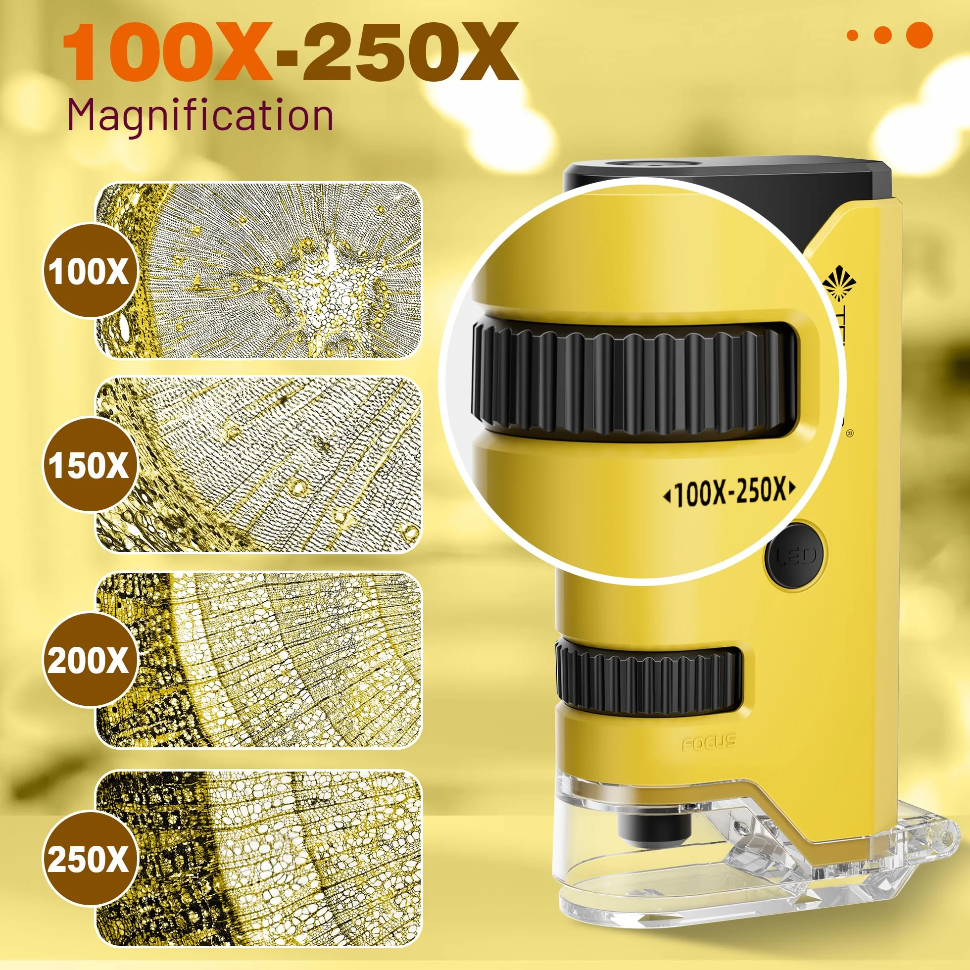 Mini Mikroskop Kieszonkowy 100x-250x dla Dzieci i Dorosłych, Mikroskop Przenośny z 5 Ostrzami Mikroskopowymi, Adapter do Telefonu, Przenośny Miniskop dla Dzieci i Dorosłych, Edukacja Naukowa, Żółty