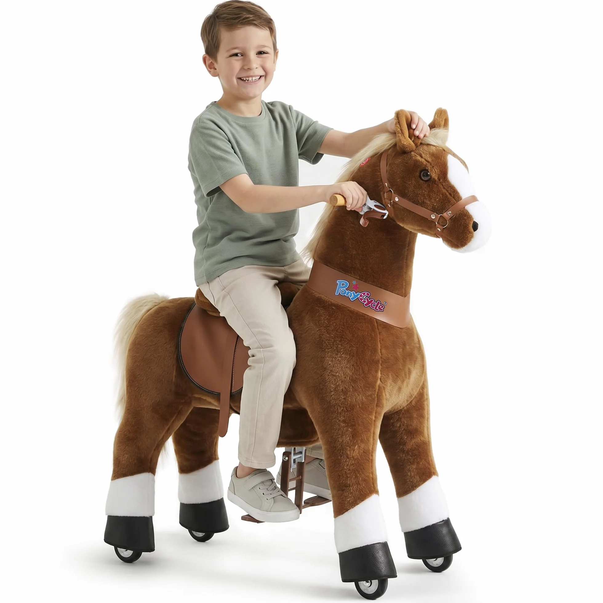 PonyCycle Klasyczny Model U Koń jeździecki na kółkach, pluszowy kucyk jeździecki, zwierzak na biegunach (z hamulcem i dźwiękiem/108 cm wysokości/Rozmiar 5 dla wieku 7+ lat), Brązowy Koń Ux524