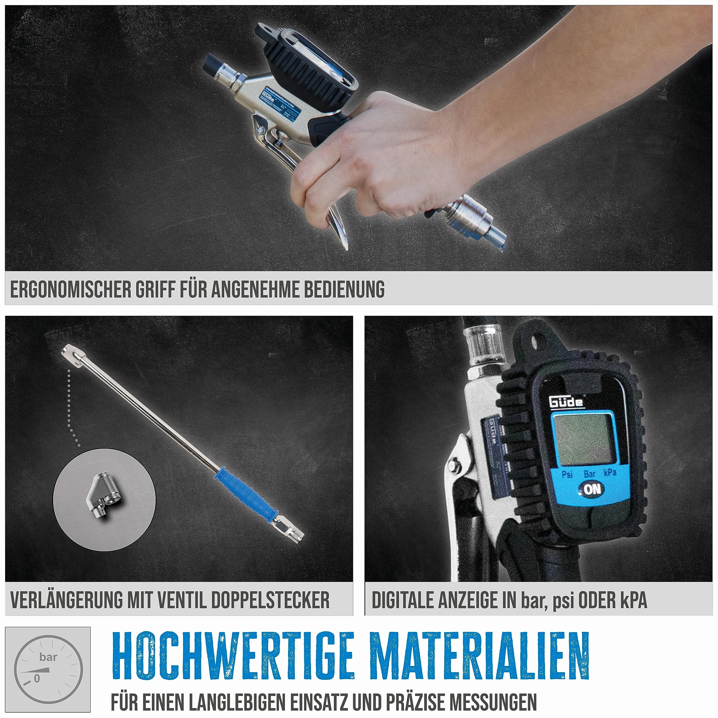Güde V12 PRO cyfrowy pistolet do pompowania opon (wielofunkcyjny wyświetlacz, ciśnienie robocze 0-12 bar, precyzyjny zawór spustowy powietrza, kalibracja, wtyczka zaworu Michelin, do pomiarów i