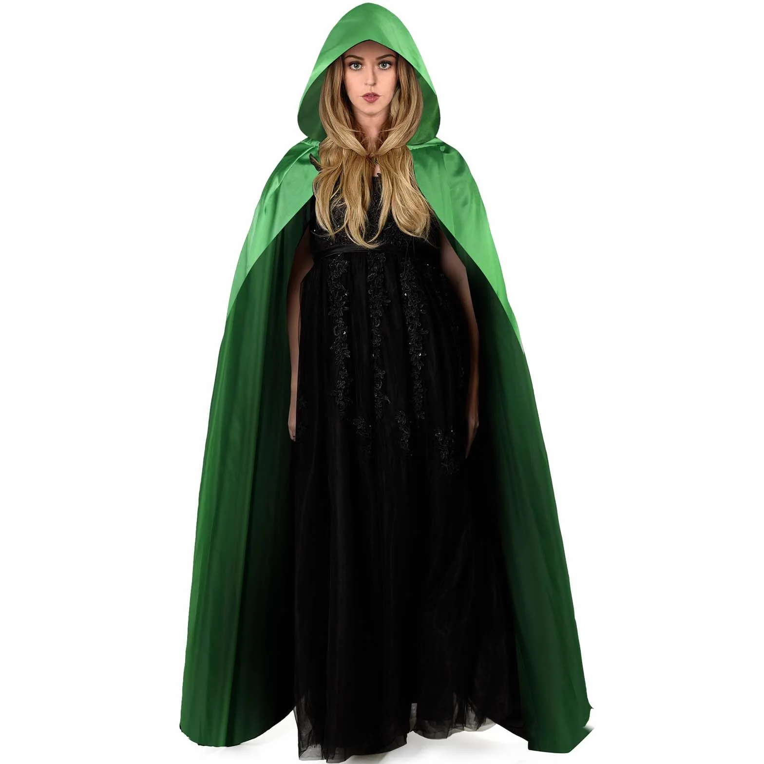 Aomig Czarna peleryna z kapturem na Halloween dla dorosłych, długa peleryna z kapturem, czarownica, akcesoria do cosplay, tajemniczy czarodziej, bajkowy, fantazyjny kostium, Halloween, maskarada