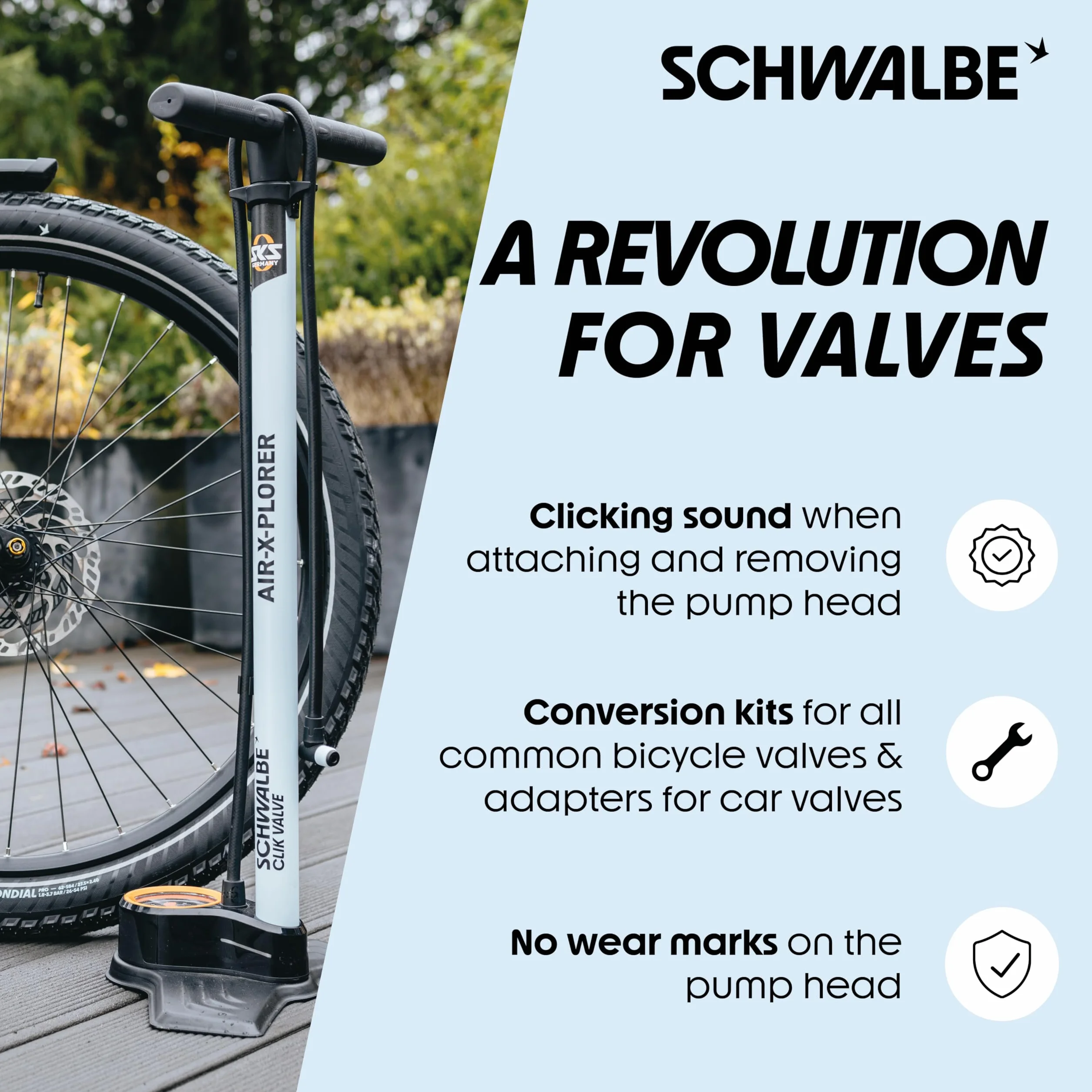Schwalbe Clik Valve – nakładka na wentyl rowerowy, zestaw do konwersji SV-SCV (Valves with Pump Head)