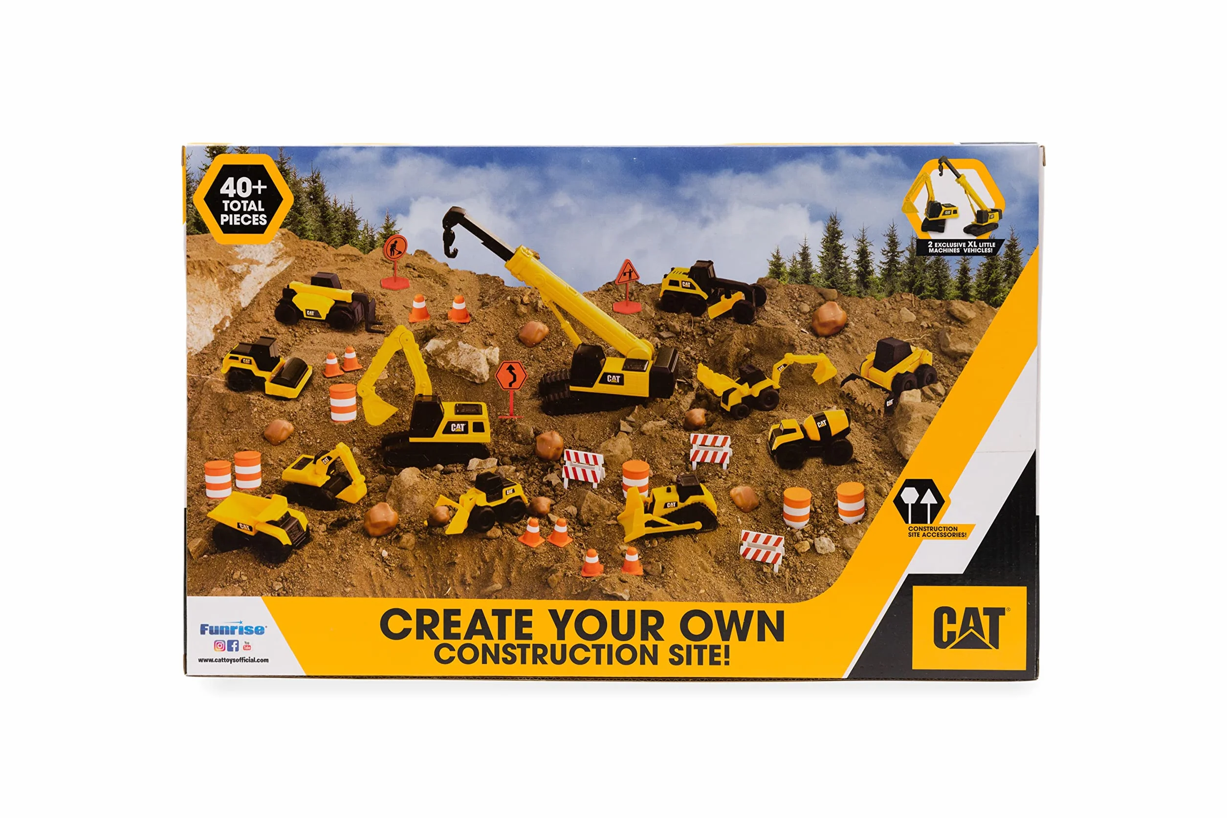 CAT® Construction Little Machines Mega zestaw I z 40 częściami zawiera pojazdy, dźwig, znaki drogowe, stożki, głazy i beczki I Dla dzieci w wieku 3+, żółty