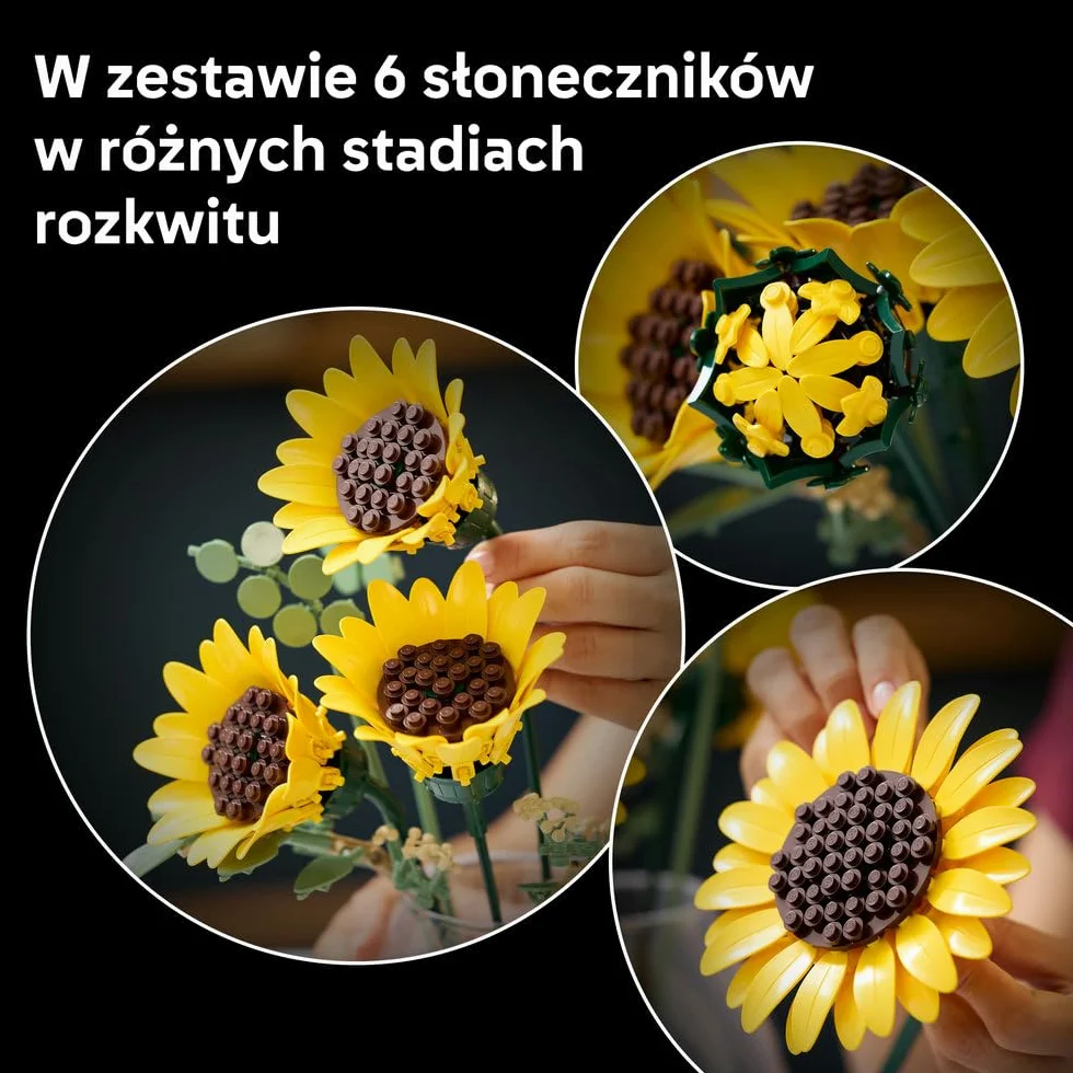 LEGO Botanicals Bukiet słoneczników, zestaw konstrukcyjny dla dorosłych, kwiatowa dekoracja z sześcioma kwiatami i liśćmi eukaliptusa, pomysł na prezent urodzinowy dla kobiet i mężczyzn 11502