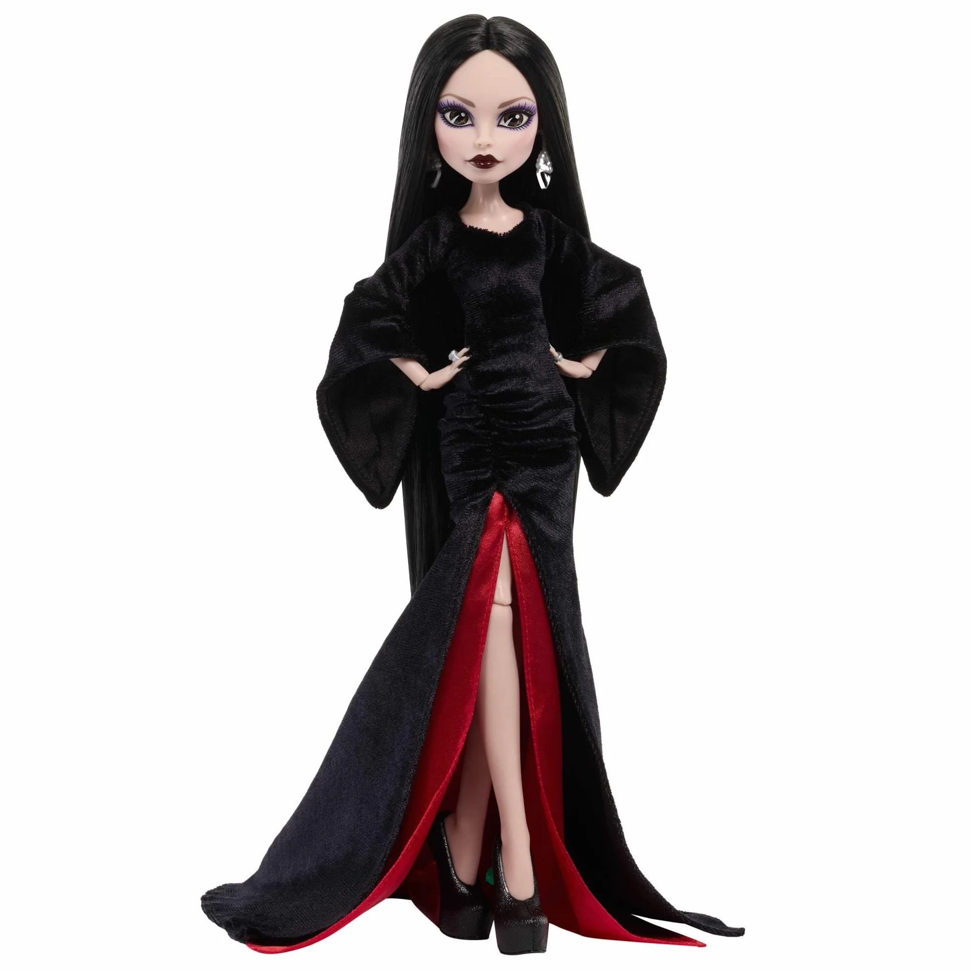 Monster High x Wednesday Morticia Addams Lalka kolekcjonerska Czarno-szkarłatna aksamitna sukienka, biżuteria, inspirowane serialem buciki na obcasie i podstawka dla lalki zabawka dla dzieci 6+, JLK99