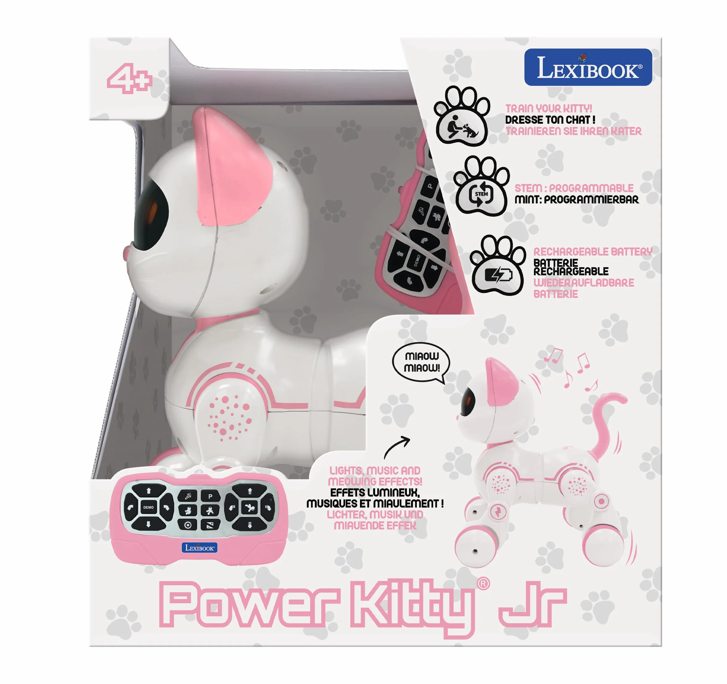 Lexibook, Power Kitty Jr, Zdalnie Sterowany Kot do Tresury, Chodzi jak Prawdziwy Kot, Interaktywne Oczy, Programowalny Stem, Akumulator, Różowy, Biały, KIT01