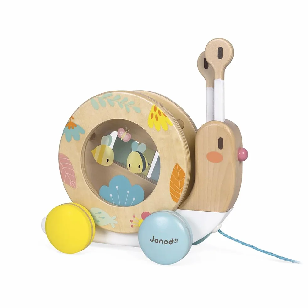 Janod - Wooden Pure Pull-Along Snail - Wooden Toy with Xylophone and Tambourine - Water Based Paint - Educational Musical Early Learning Toy - from 1 Year Old, J05159