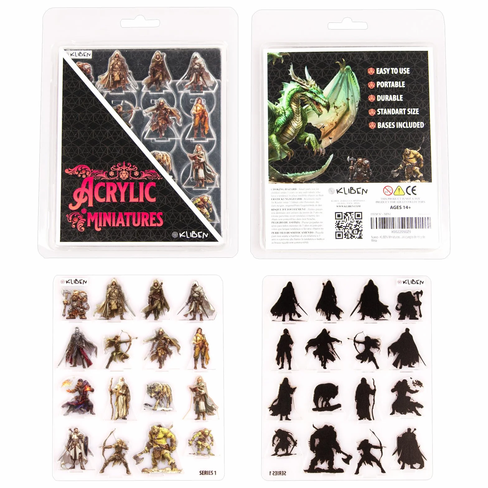 KLIBEN Zestaw 16 miniatur akrylowych dla DND Figurki 2D do Dungeons and Dragons Zestaw startowy D&D 5E Miniatury Plastikowe Role Akcesoria do odgrywania ról, takich jak Pathfinder, Prezenty dla graczy
