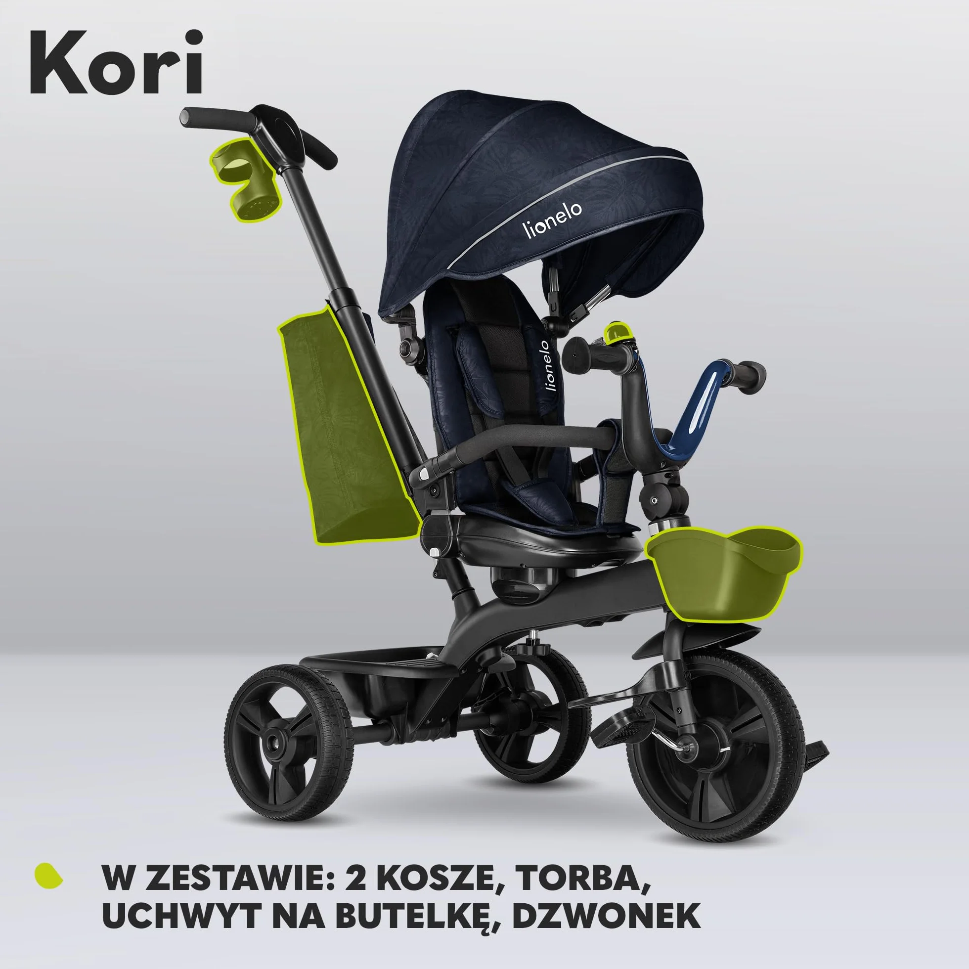 Kori trzykołowy rower z drążkiem do pchania, dla dzieci w wieku od 1,5 do 5 lat, rama magnezowa, niewymagające konserwacji, gumowe kółka, zdejmowany daszek