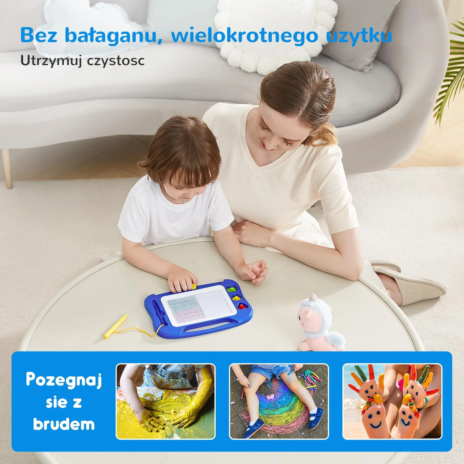 SGILE Magiczna tablica do malowania dla Dzieci, Kolorowa ścieralna Tablica Doodle z Magnetycznym Piórem, Malarska Podkładka do Szkicowania z Trzema Pieczątkami, Zabawka Podróźna, Niebieska