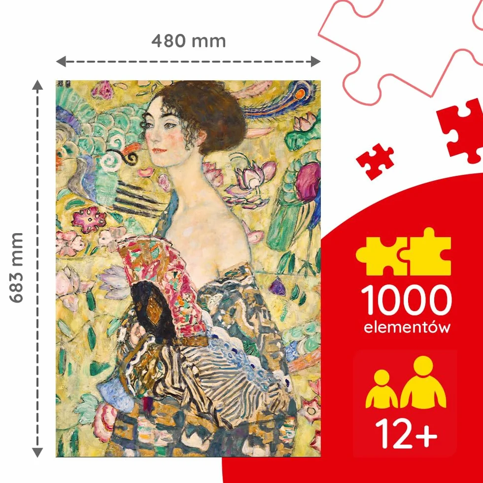 Trefl - Gustav Klimt, Dama z Wachlarzem - Puzzle 1000 Elementów - Układanka Art Collection, Puzzle ze Sztuką, dla Dorosłych i Dzieci od 14 lat