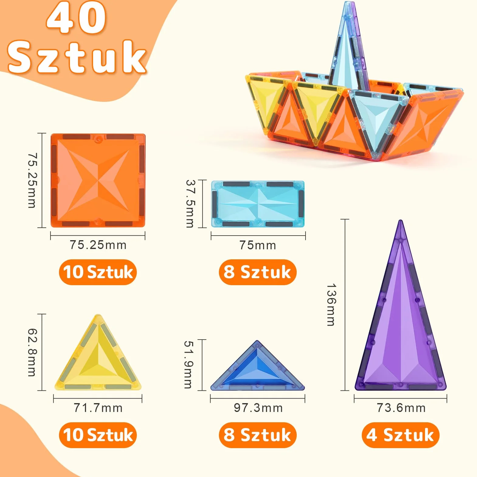 Magnetyczne klocki budowlane, 40 PCS Zestaw płytek magnetycznych, edukacyjne Magnetyczne Klocki Budowlane Bożonarodzeniowy prezent dla dzieci 3-letni i w górę