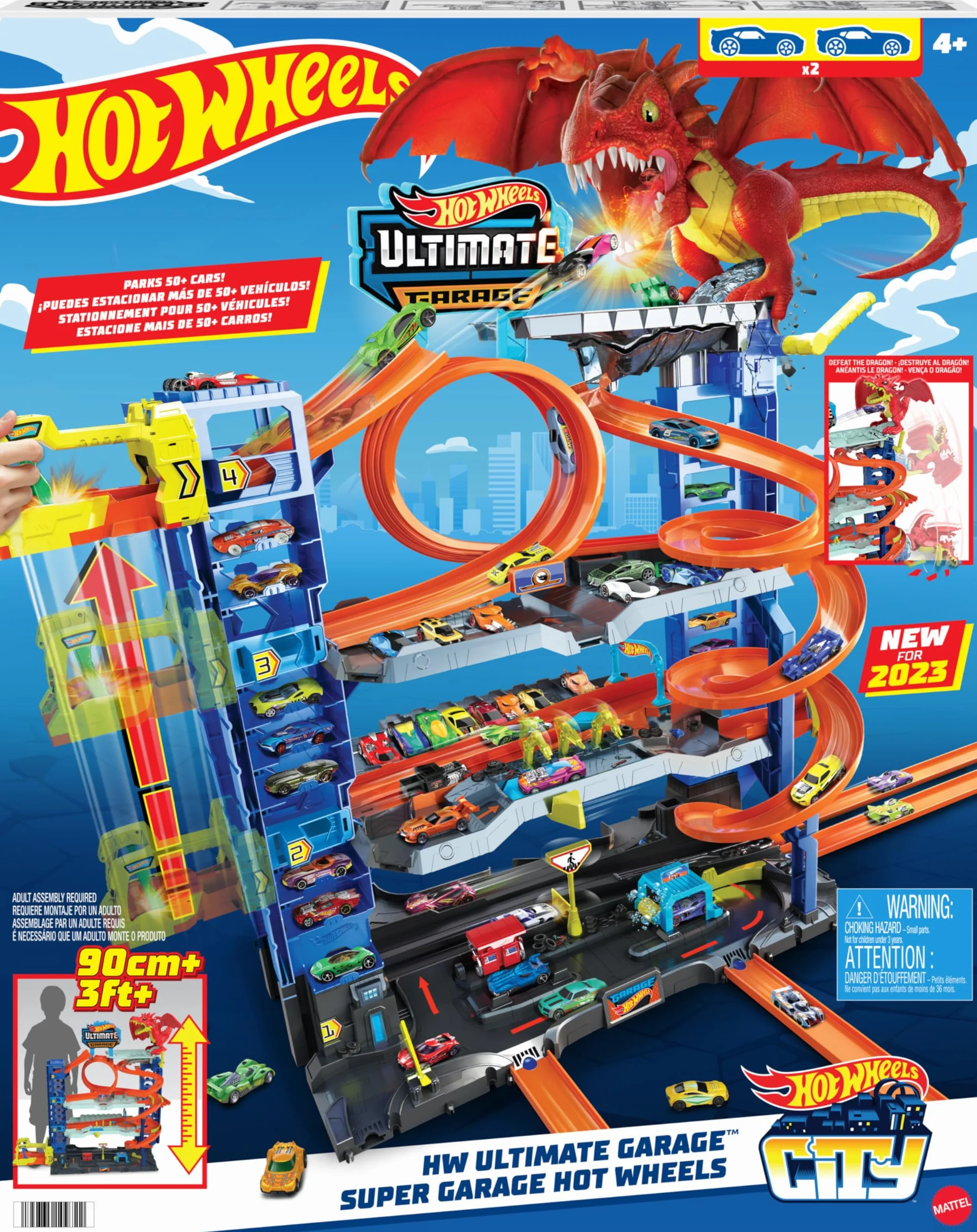 Hot Wheels City Mega Let's Race – Na start! - Netflix - Garaż Atak smoka Zestaw z 2 metalowymi samochodzikami, miejscem do przechowywania ponad 50 pojazdów w skali 1:64, HKX48