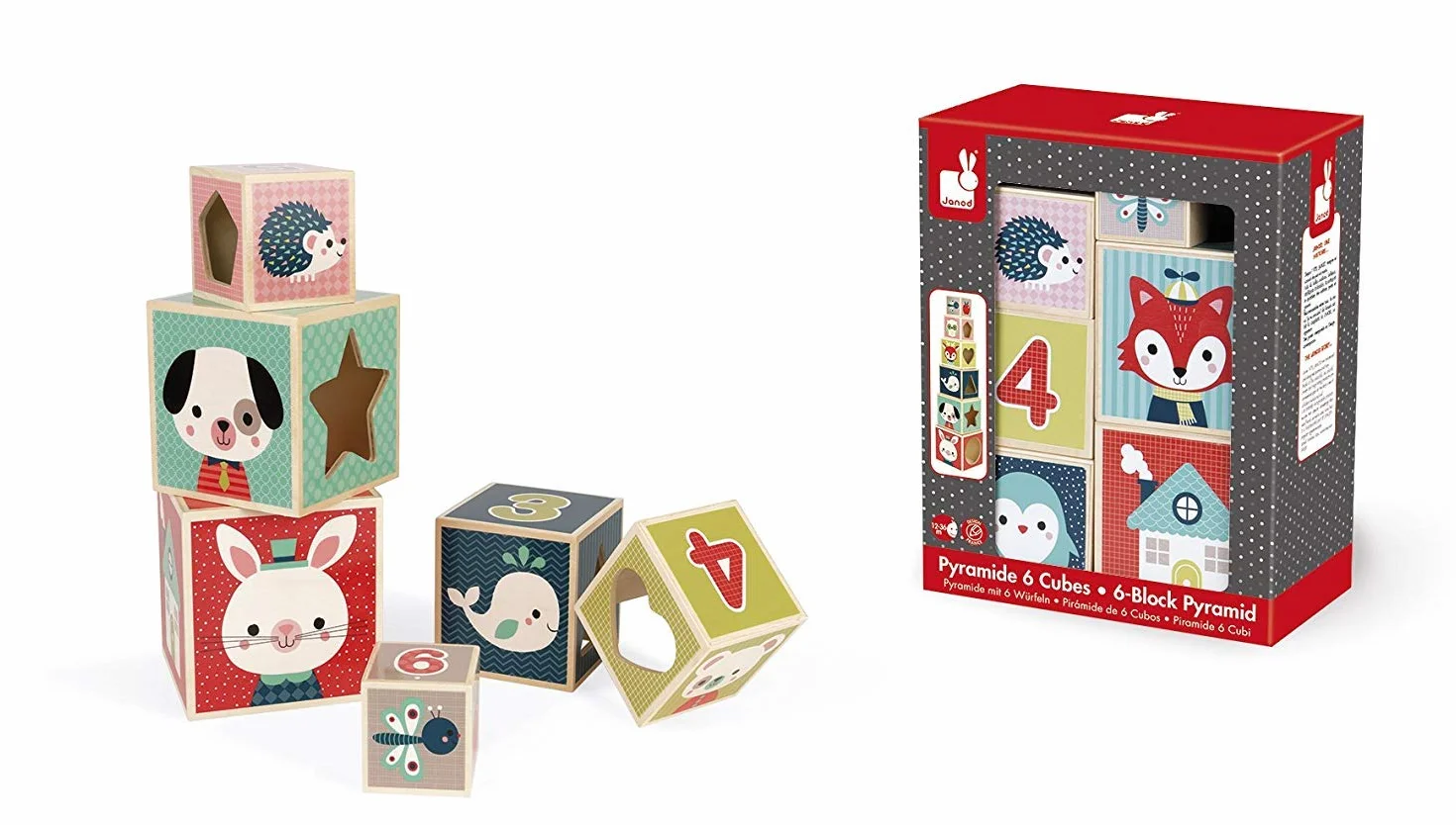 Janod - Baby Forest 6-Cube Wooden Pyramid - Early Learning Toy - Stacking and Building Toy - Fine Motor Skills and Manipulation - from 1 Year Old, J08016