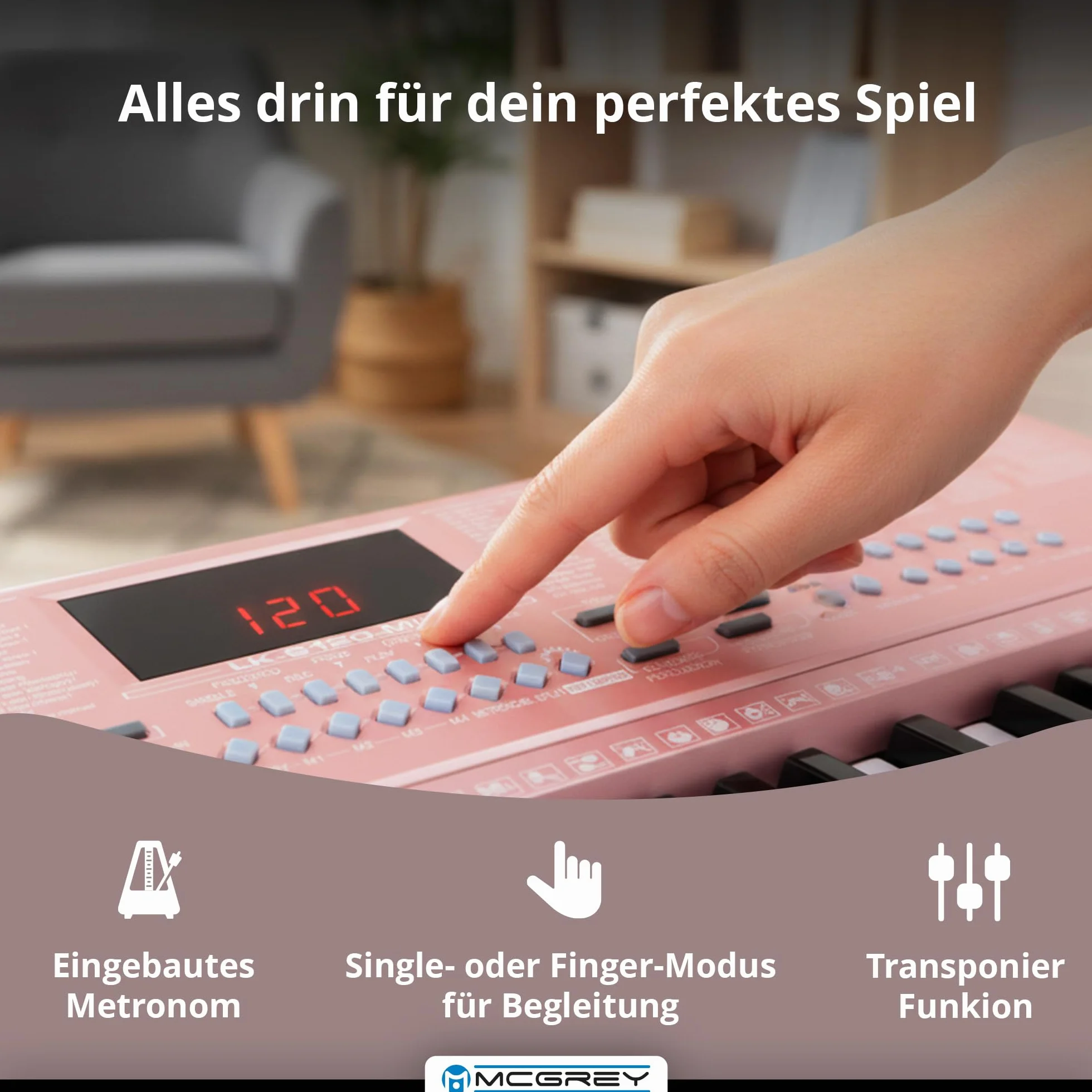 McGrey LK-6120-MIC Keyboard z mikrofonem i zestawem słuchawek dla dzieci – klawiatura dla początkujących z 61 przyciskami świecącymi – 255 dźwięków i 255 rytmów – 50 utworów demo – mikrofon i