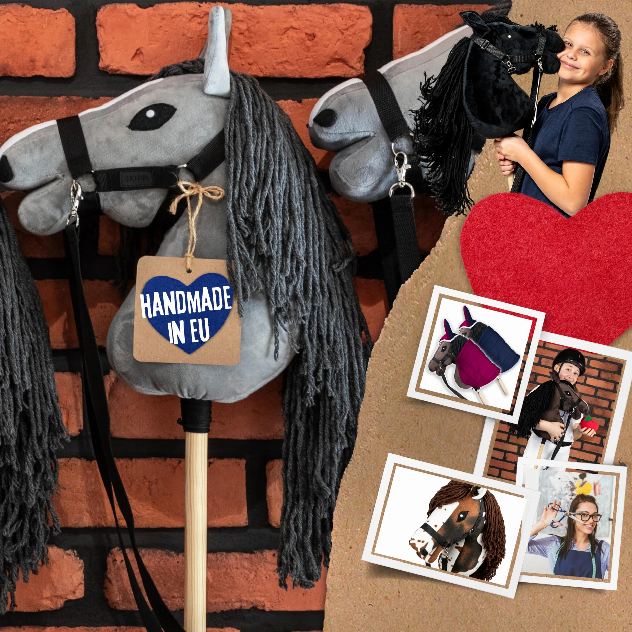 SKIPPI Hobby Horse, Szary Koń na Kiju, Konik na Patyku, Duży A3, Kantar i Wodze w Zestawie, Hobby Horsing, prezent dla Dziewczynki, dla Dziecka