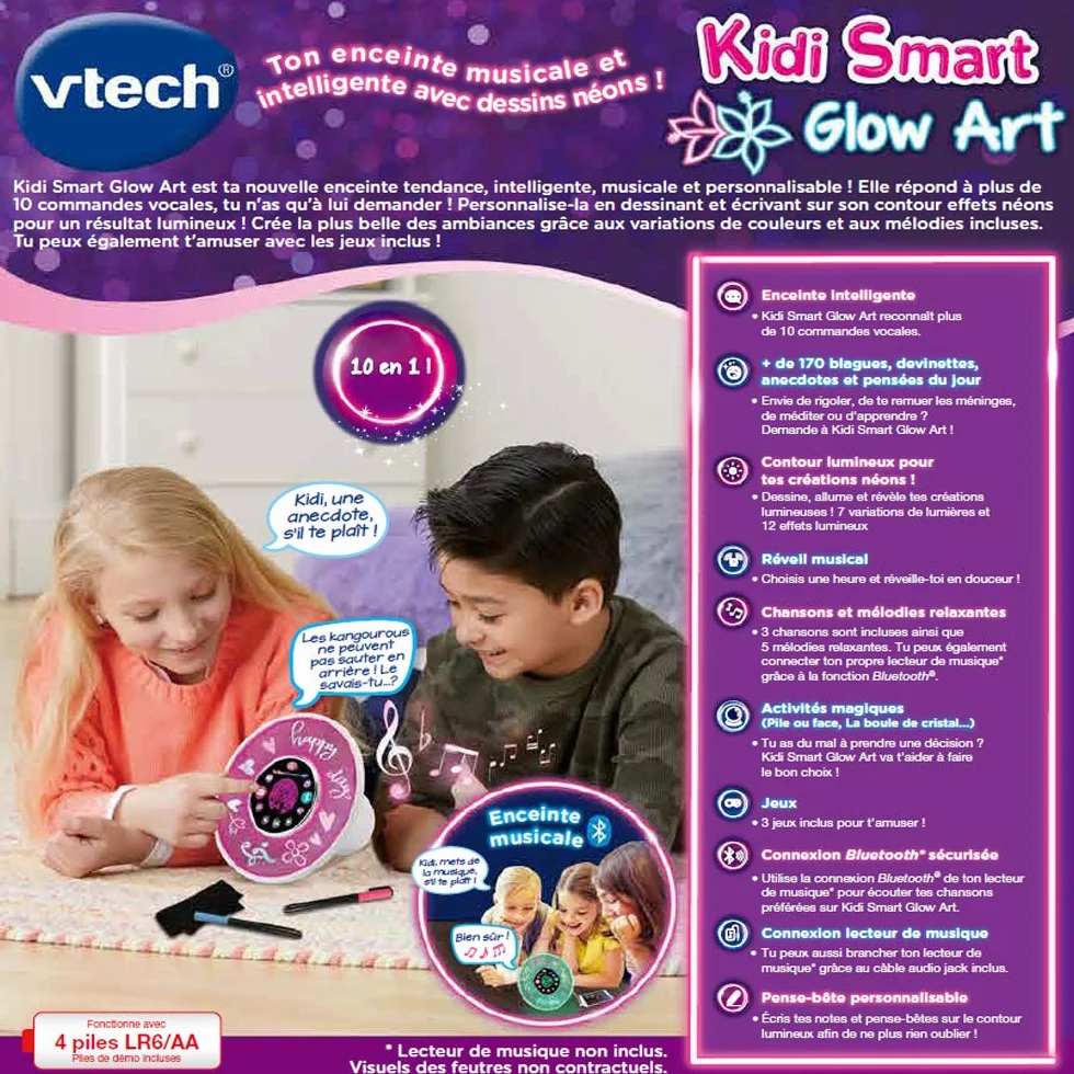 VTech - Kidi Smart Glow Art, podświetlany i inteligentny głośnik Bluetooth do personalizacji za pomocą 2 markerów z efektami neonowymi, magiczna aktywność, budzik, gry, prezent dla dzieci od 6 lat -