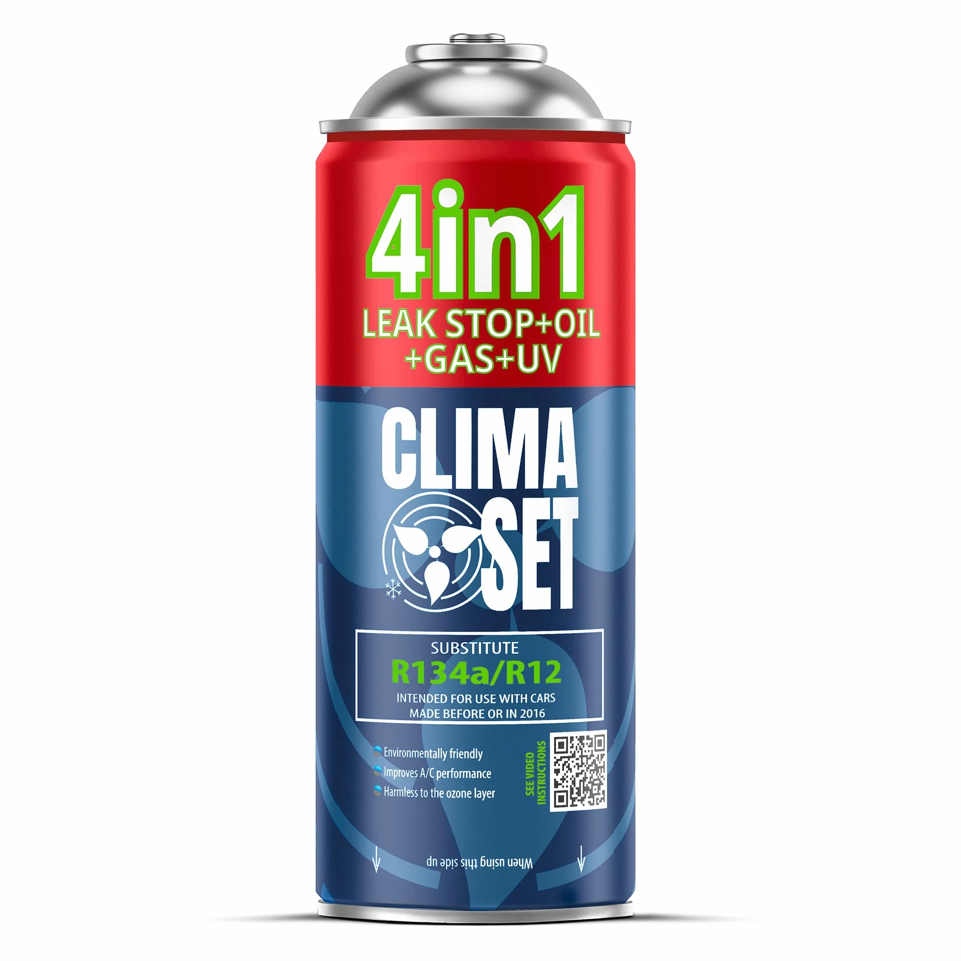CLIMASET - Zamiennik czynnika chłodniczego R134a 4in1, Do samochodów 1994-2016 - System klimatyzacji, Samodzielna aplikacja - Uszczelniacz, Barwnik UV, Olej - Z przewodem, odświeżaczem i lampą UV