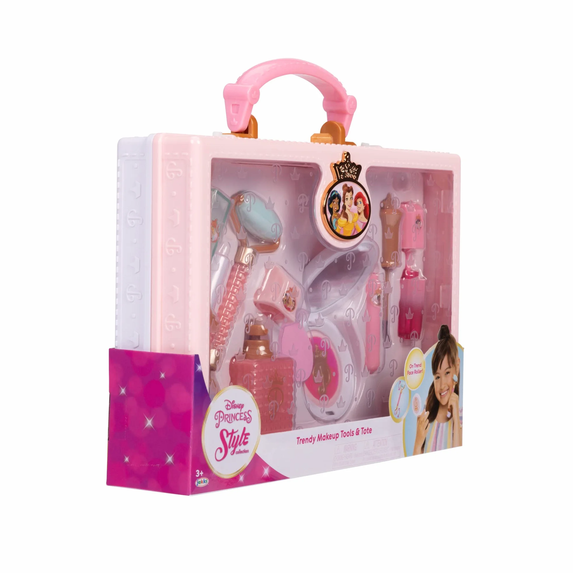Disney Princess Style Collection Girls Trendy Makeup Tote Bag, Modne narzędzia do udawania zabawy w makijaż, w tym wałek do twarzy, w zestawie 8 różnych narzędzi do zabawy