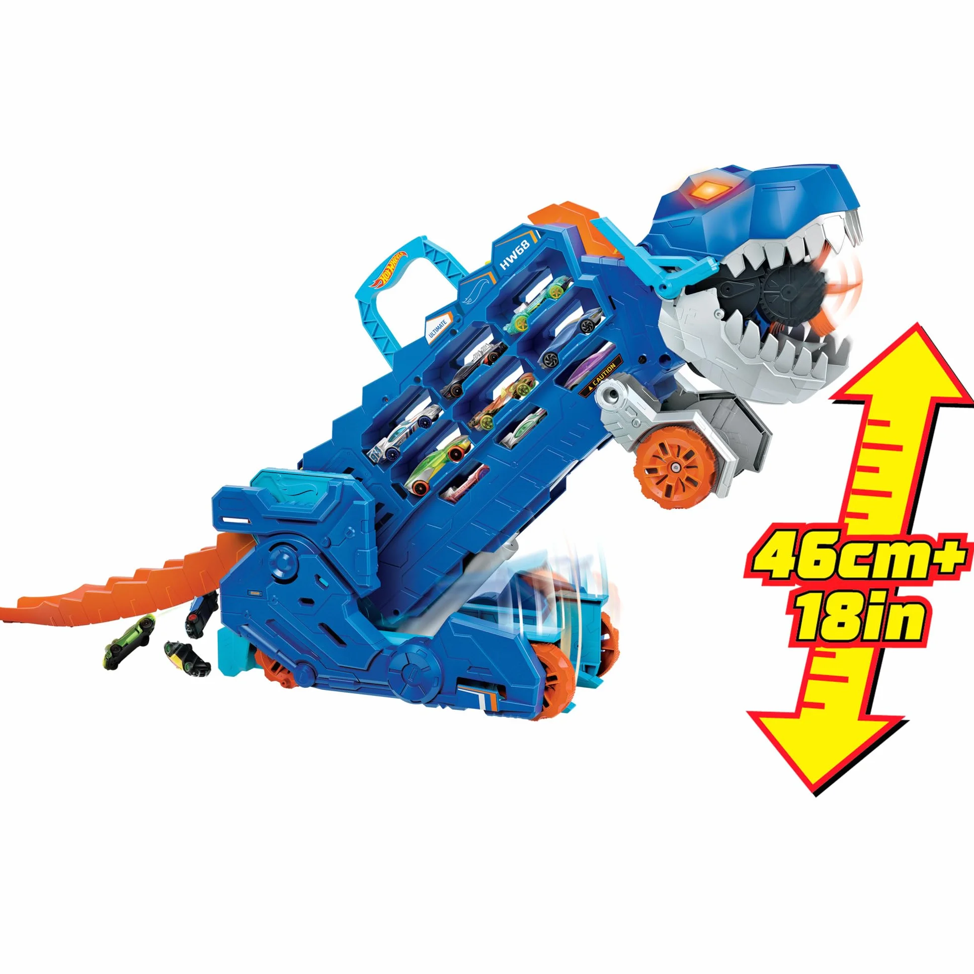 Hot Wheels City Toy Car Track Set, Ultimate T-Rex Transporter, Hauler Transforms into Stomping Dino with Race Track, From Netflix Series “Let’s Race”, HNG50