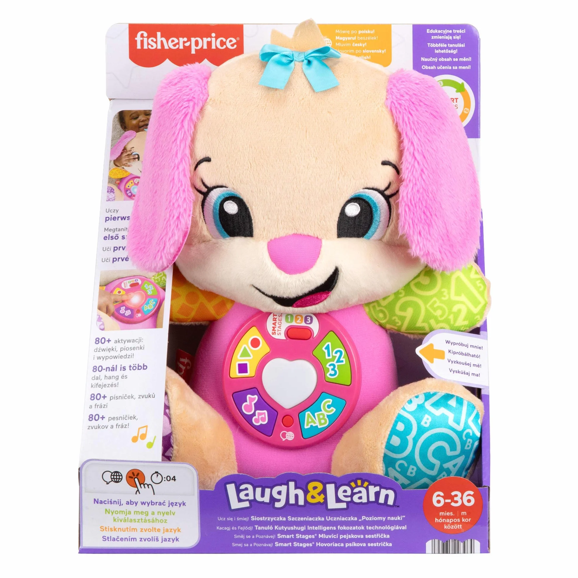Fisher-Price „Ucz się i śmiej!” Siostrzyczka Szczeniaczka Uczniaczka „Poziomy nauki” Edukacyjna interaktywna zabawka, wielojęzykowa: polski; węgierski; czeski; słowacki; angielski, piesek przytulanka