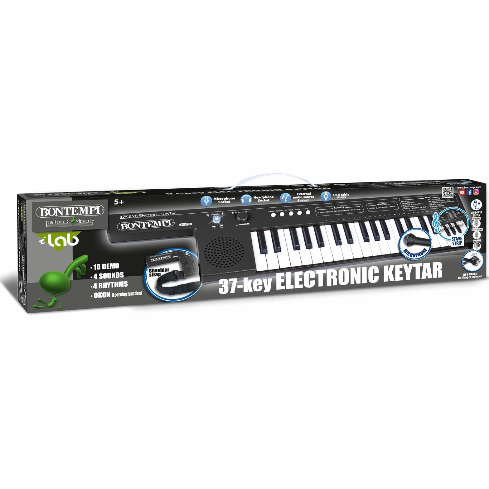 Bontempi | KeyRhythm - Keytar 37 klawiszy z paskiem na ramię i akumulator do wolności muzyki bez ograniczeń
