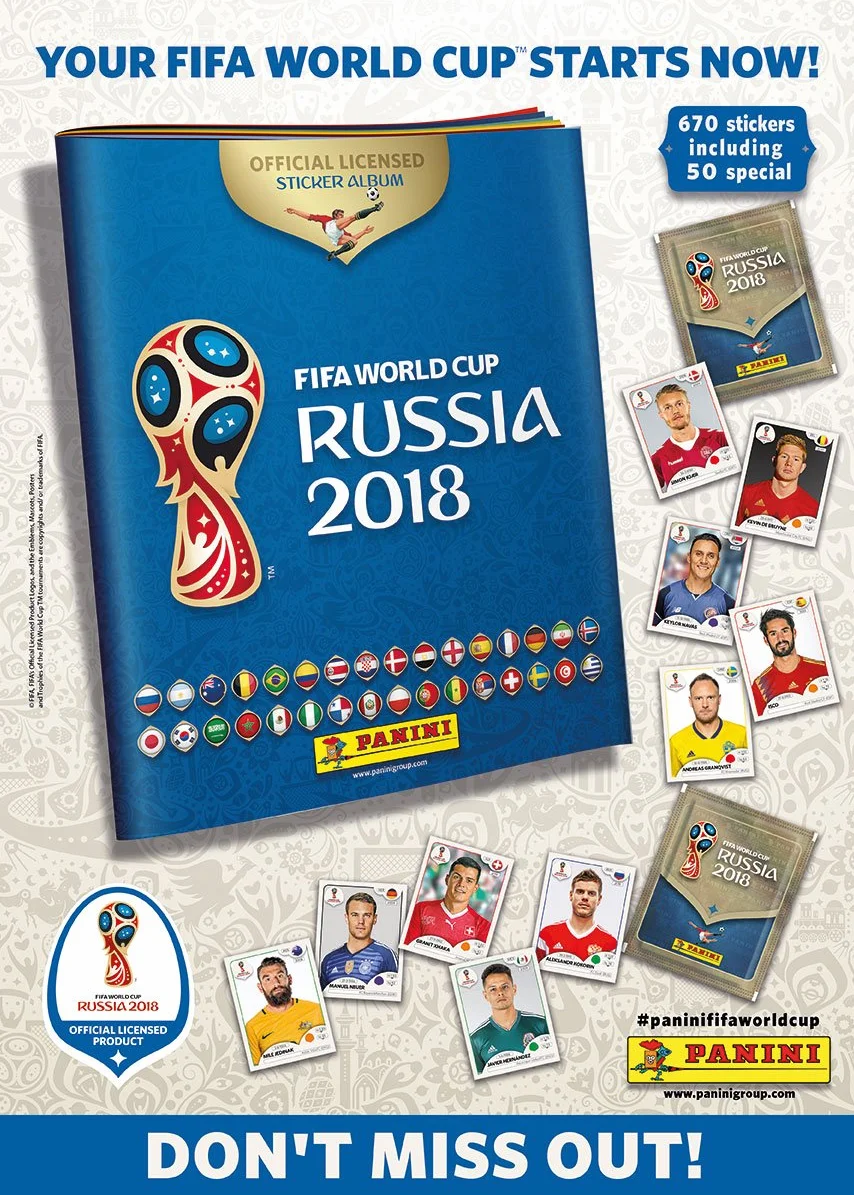 Panini FIFA World Cup 2018 – naklejka WM Rosja 2018-2 wyświetlacze po 50 torebek = 100 worków = 500 naklejek – seria składa się z 670 zdjęć – wersja NL, BE, LU i inne kraje