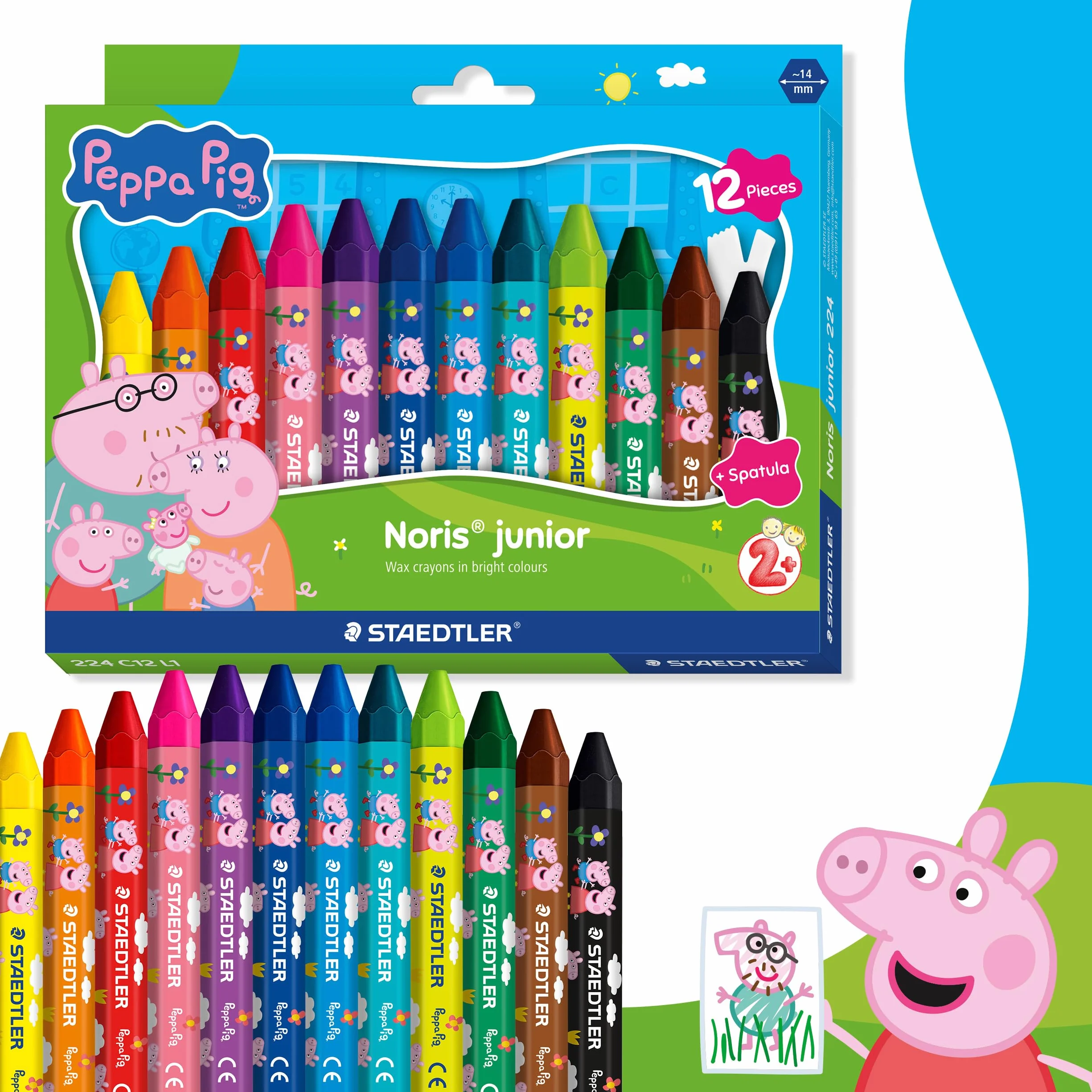 STAEDTLER Noris junior Peppa zestaw 12 kredek świecowych – grube kredki świecowe do kolorowania na dużych powierzchniach i kreatywnych technik malarskich – ergonomiczne kredki świecowe dla małych
