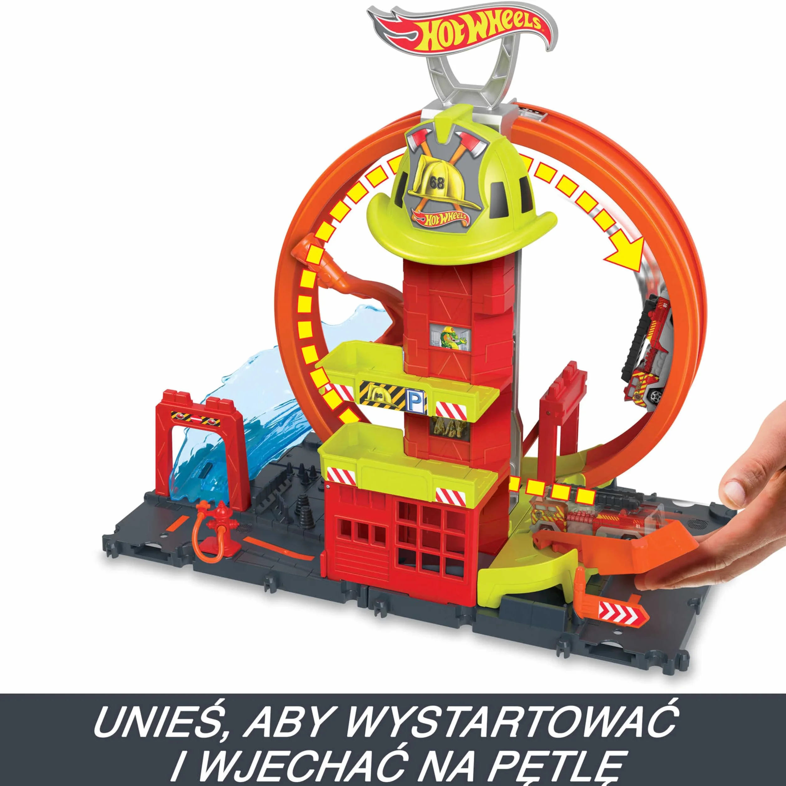 Hot Wheels HKX41 - HW City z 1 samochodem zabawkowym, ręcznie sterowaną windą, rampą przypominającą wodę, elementami toru, remizą strażacką z super pętlą, samochody zabawkowe dla dzieci od 4 lat