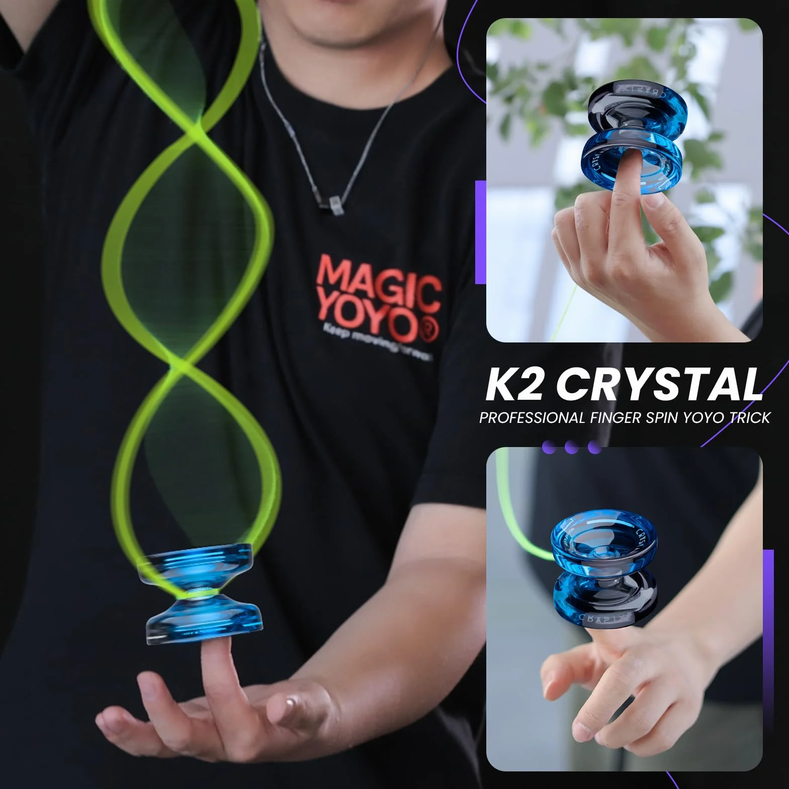 MAGICYOYO Responsywny Yoyo dla dzieci K2 Crystal Black Blue, 2 w 1 - responsywny i nie reaguje Yo Yo, Finger Spin Trick Yoyo z niereagującym łożyskiem, 12 strun, torba jo-jo, narzędzie i akcesoria