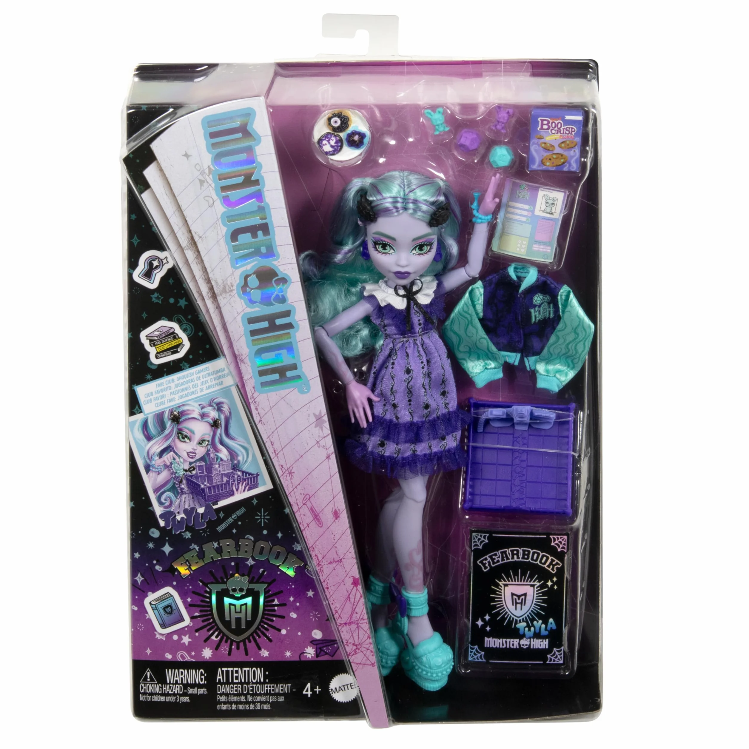 Monster High Fearbook Strasznik Twyla Zestaw z lalką z motywem klubu gier i akcesoriami, takimi jak kurtka, rocznik szkolny, gra planszowa i „ciasteczka”, HXW31