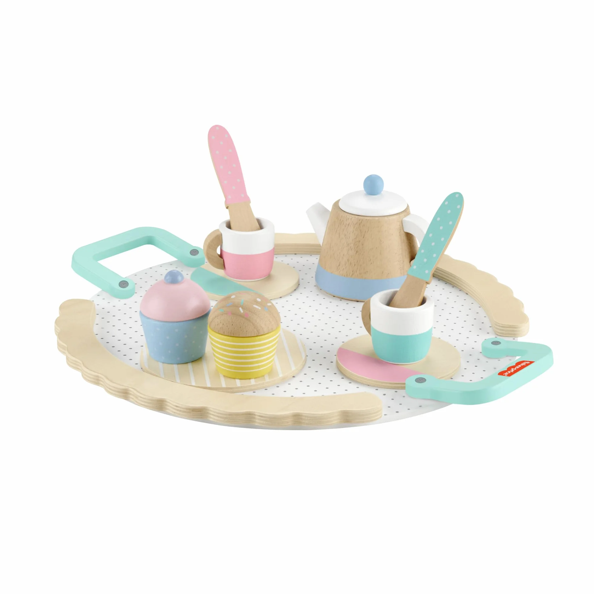 Fisher-Price Czas na podwieczorek Zestaw drewnianych zabawek 12 elementów do zabawy w naśladowanie dla dzieci od 3 roku życia, HXT82
