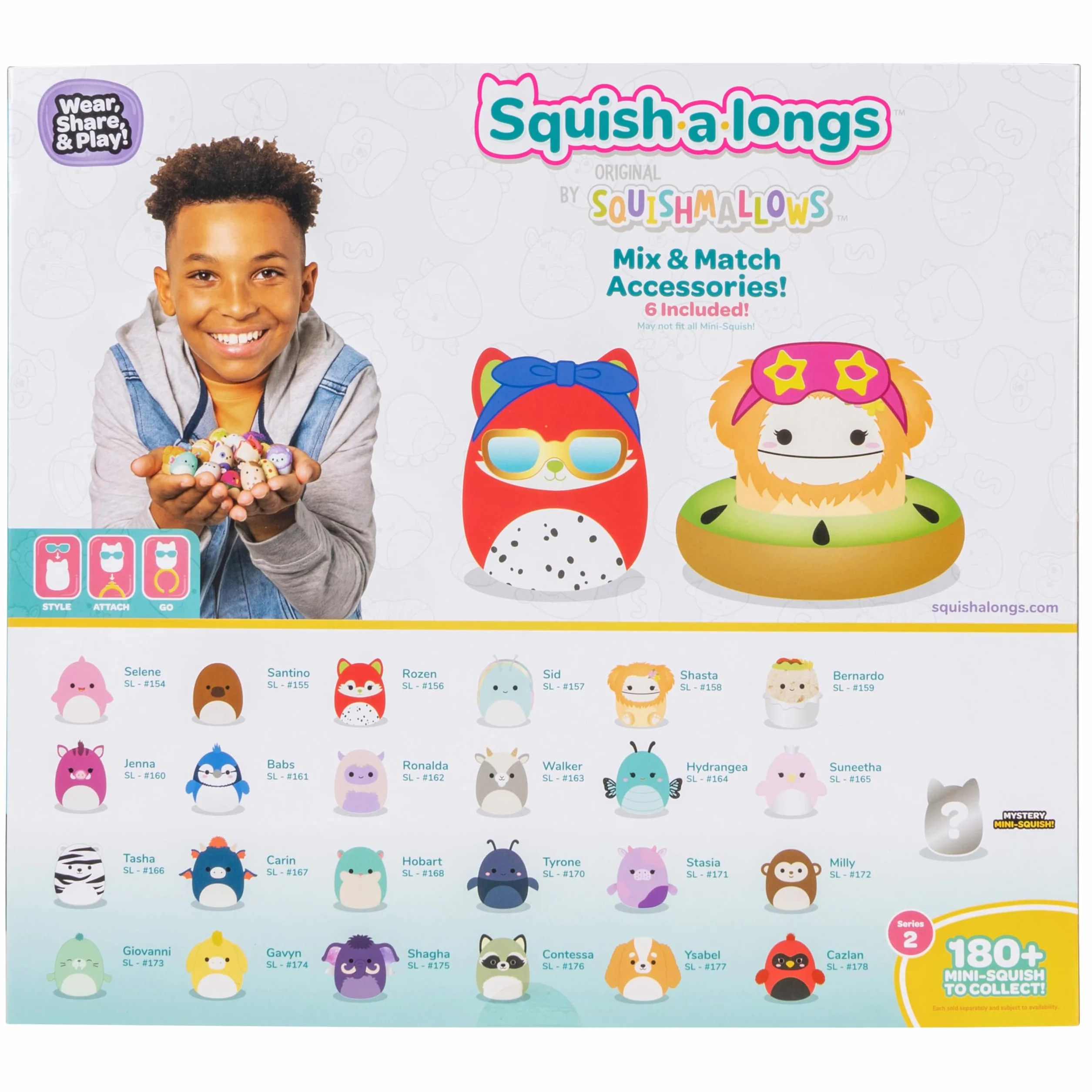 Squish-a-longs by Squishmallows Zestaw 25 sztuk - Seria 2 - (25) 2.5 cm Mini-Squish, 5 akcesoriów, 1 pierścień i 1 przewodnik kolekcjonerski - 2 figurki Chase - Zbieraj, handluj i graj