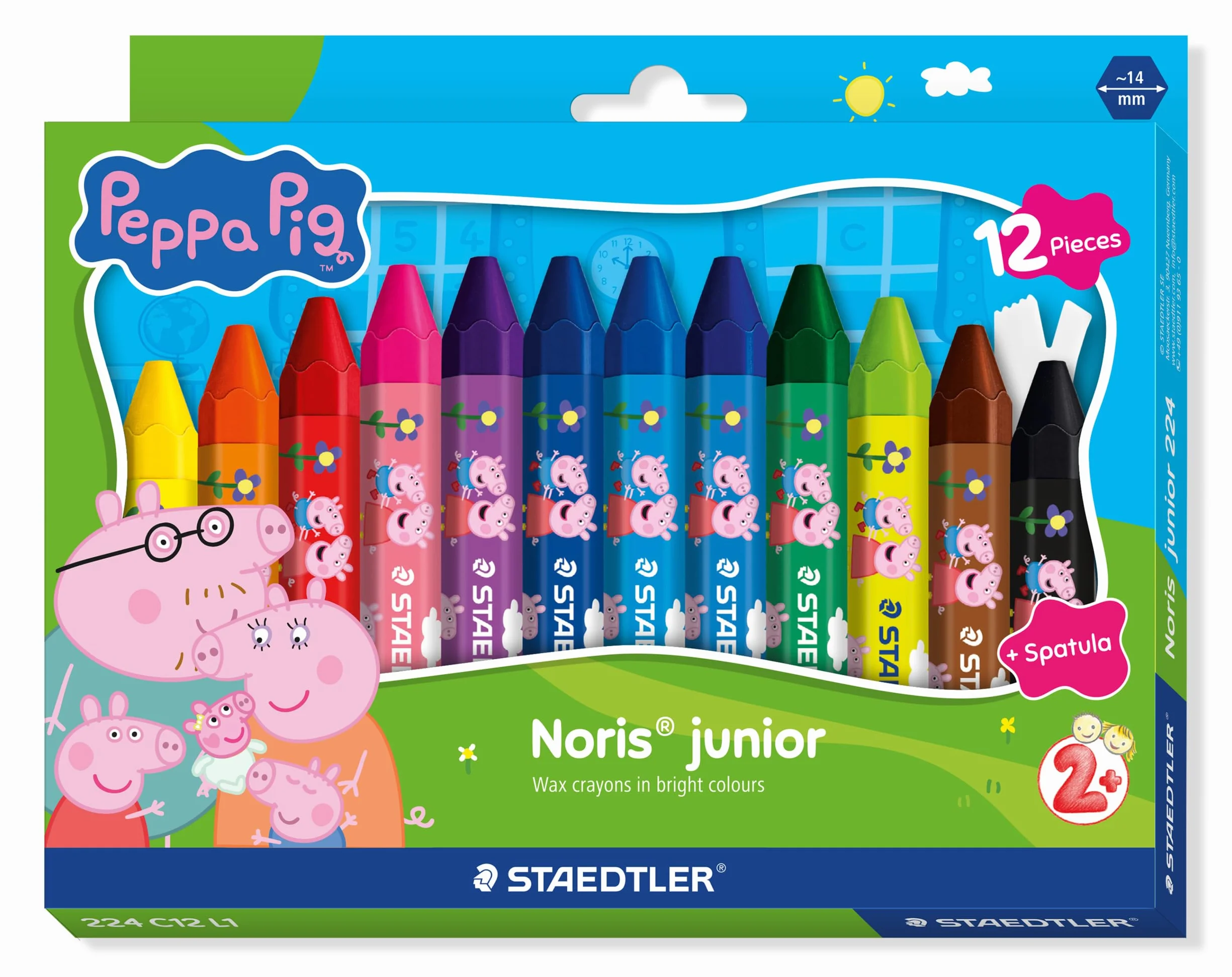 STAEDTLER Noris junior Peppa zestaw 12 kredek świecowych – grube kredki świecowe do kolorowania na dużych powierzchniach i kreatywnych technik malarskich – ergonomiczne kredki świecowe dla małych