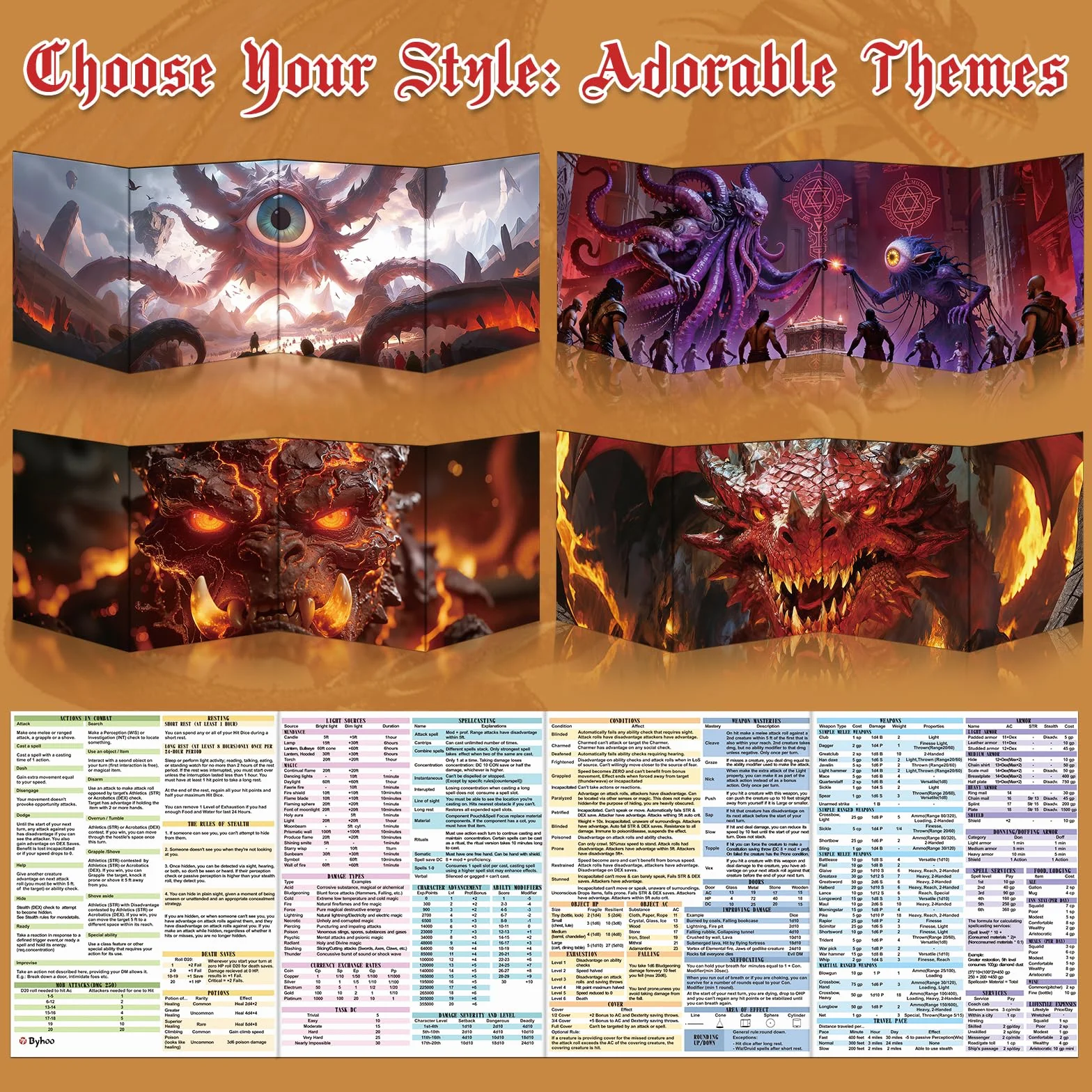 Byhoo Ekran DM 2 sztuki do D&D 5E – akcesoria DND, wodoodporne, wielokrotnego użytku, potrójnie składany, przenośny, format A4, kompatybilny z zasadami rdzenia 5E