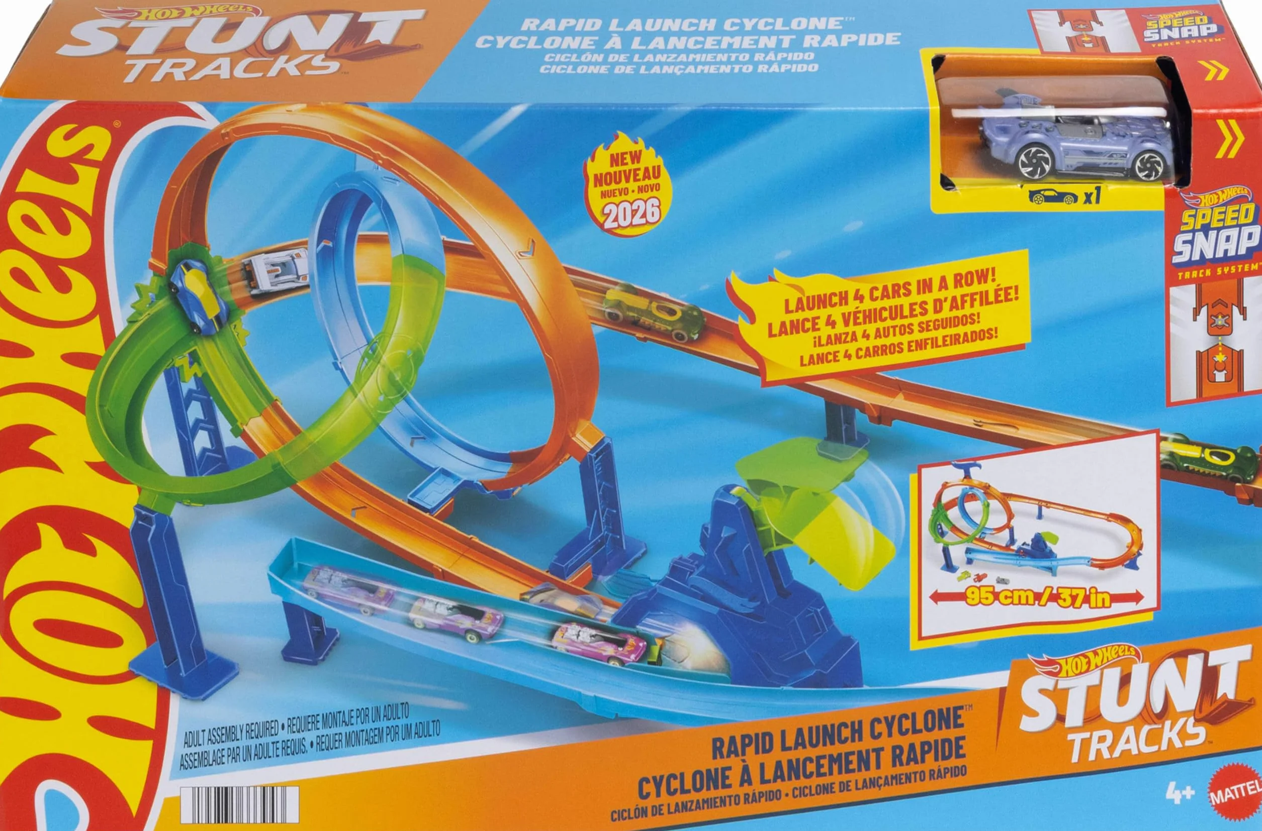 Hot Wheels Stunt Tracks Tor wyścigowy Rajdowy cyklon Zestaw i metalowy samochód zabawka w skali 1:64, podwójna pętla, strefa kraks, zabawka dla dzieci 4+, JHK73