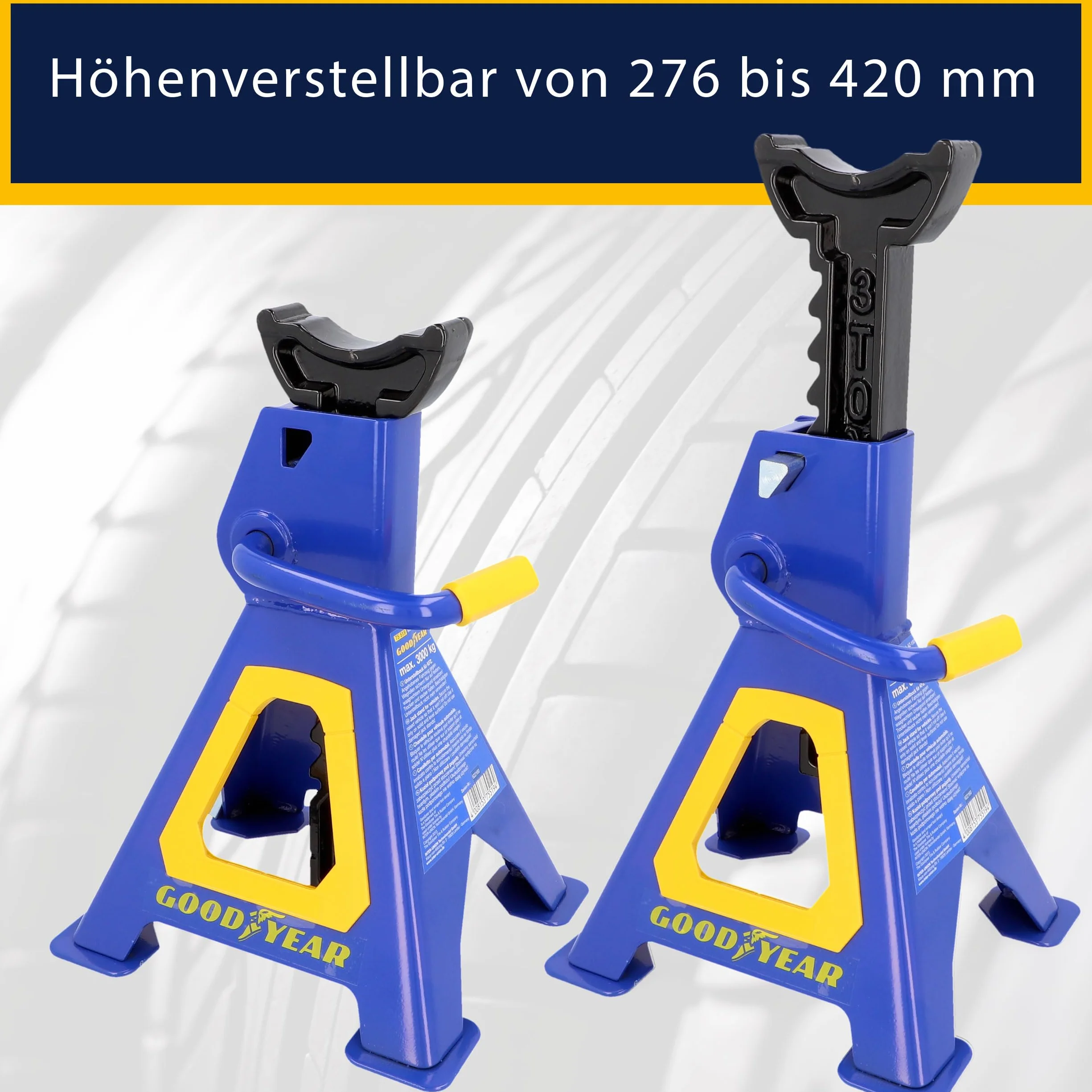GOODYEAR 75519 Premium stojak warsztatowy, udźwig 3 ton, regulacja wysokości od 280 mm do 420 mm, z zawleczką zabezpieczającą, niebieski lakier ochronny