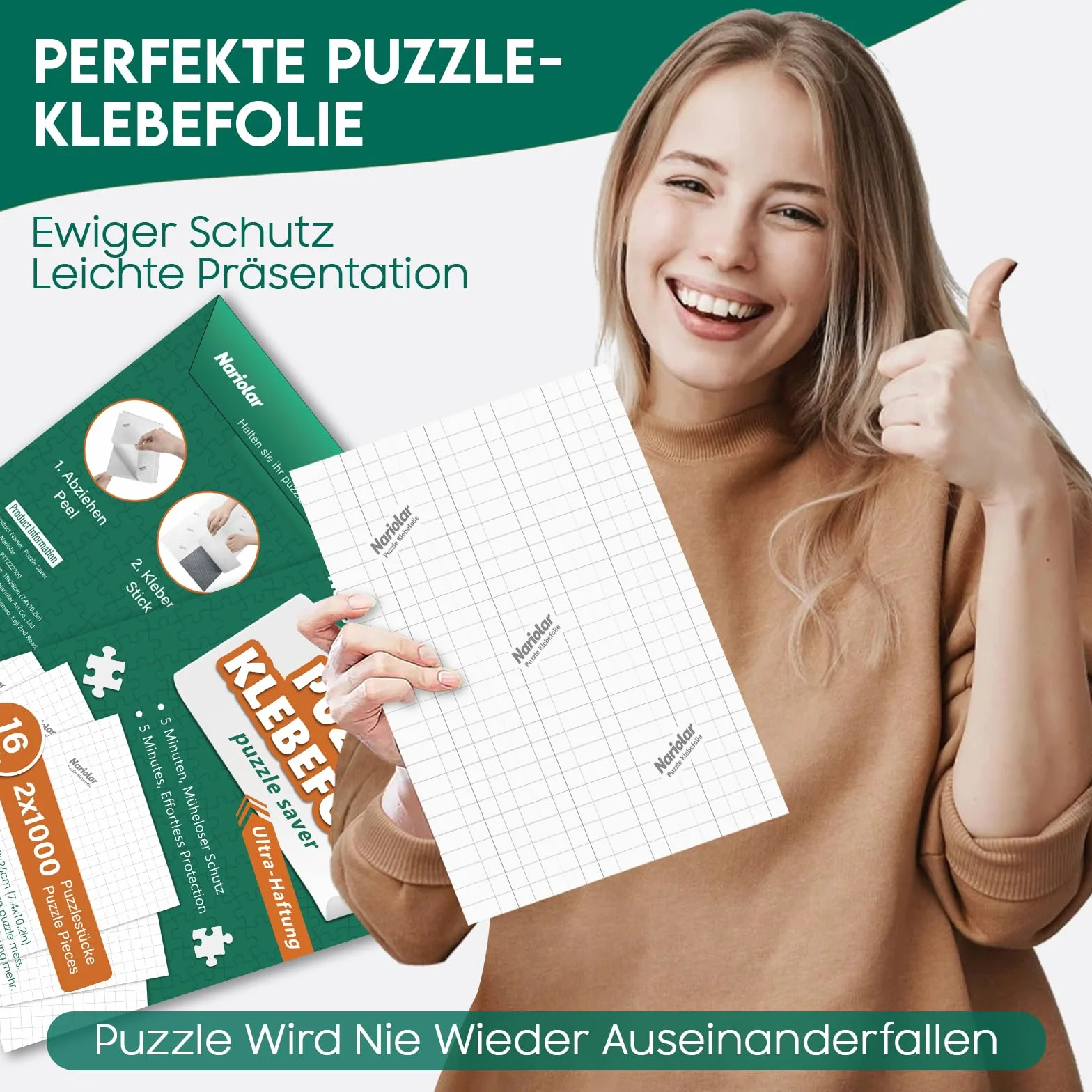 Nariolar Ultra-przyczepna folia samoprzylepna, 16 super kleju do puzzli, do otrzymania 2 x 1000 elementów i ochrony puzzli w ciągu zaledwie kilku minut