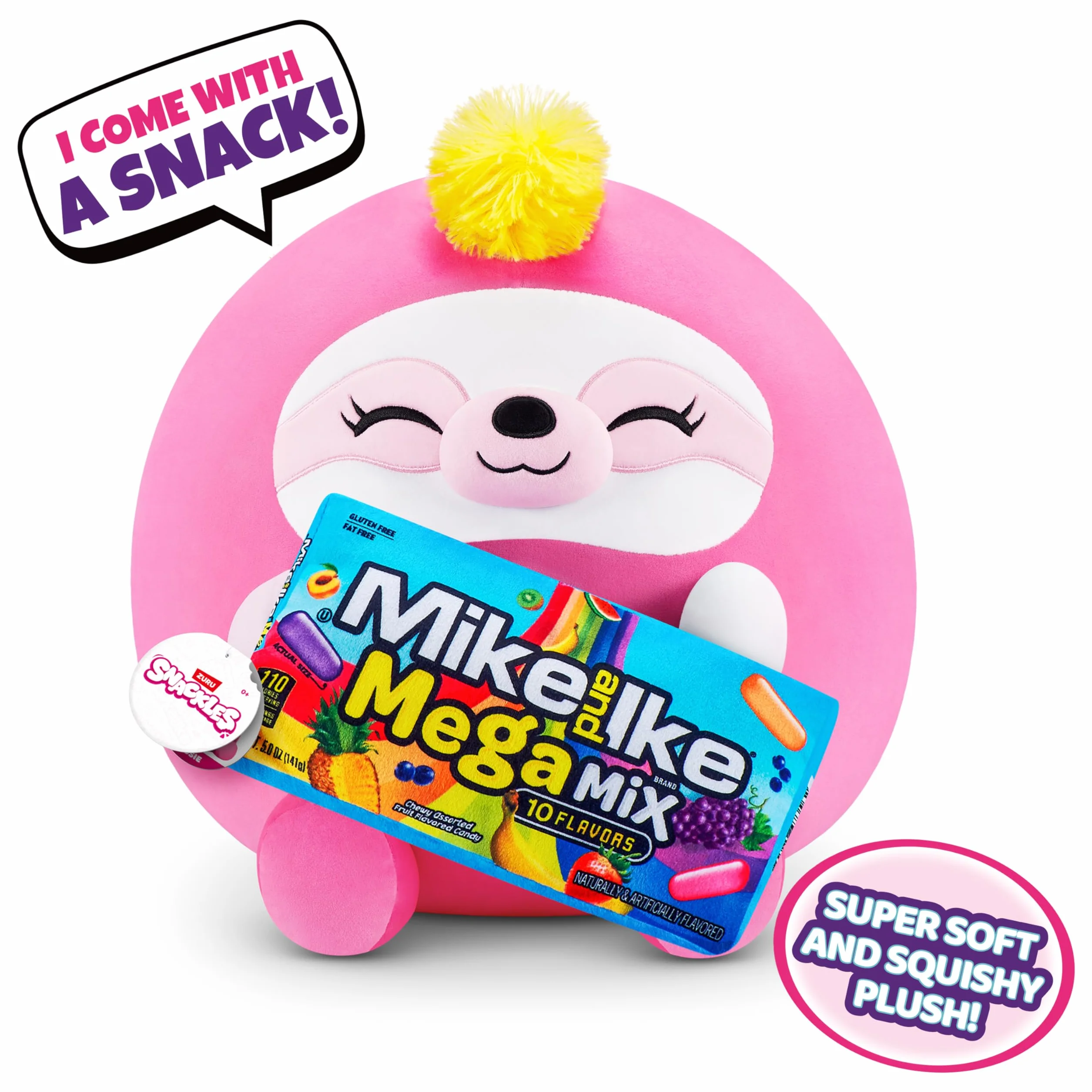 Snackles Super Sized 35 cm, leniwiec (Mike & Ike) firmy ZURU Cuddly Squishy Comfort 35 cm plusz z licencją na przekąskę, markowe akcesorium (leniwiec)