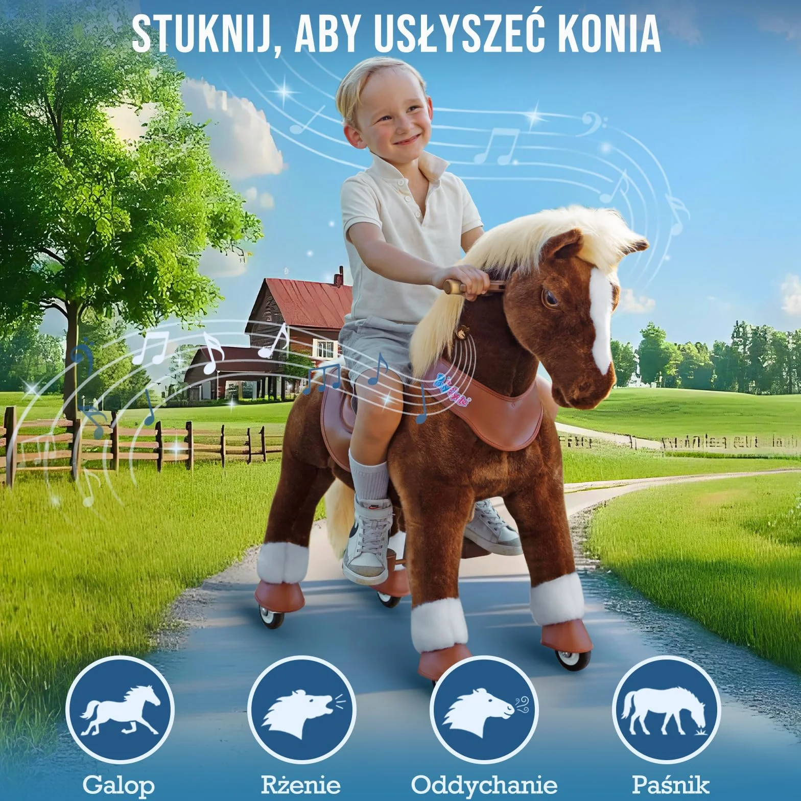 PonyCycle Kucyk do Jazdy z Dźwiękami Konia dla Dzieci w Wieku 3–4 Lat, Pluszowy Mechaniczny Koń z Hamulcem, Zaawansowany Model Y Brązowy Koń na Kółkach, Świąteczny Prezent dla Dzieci – Y374