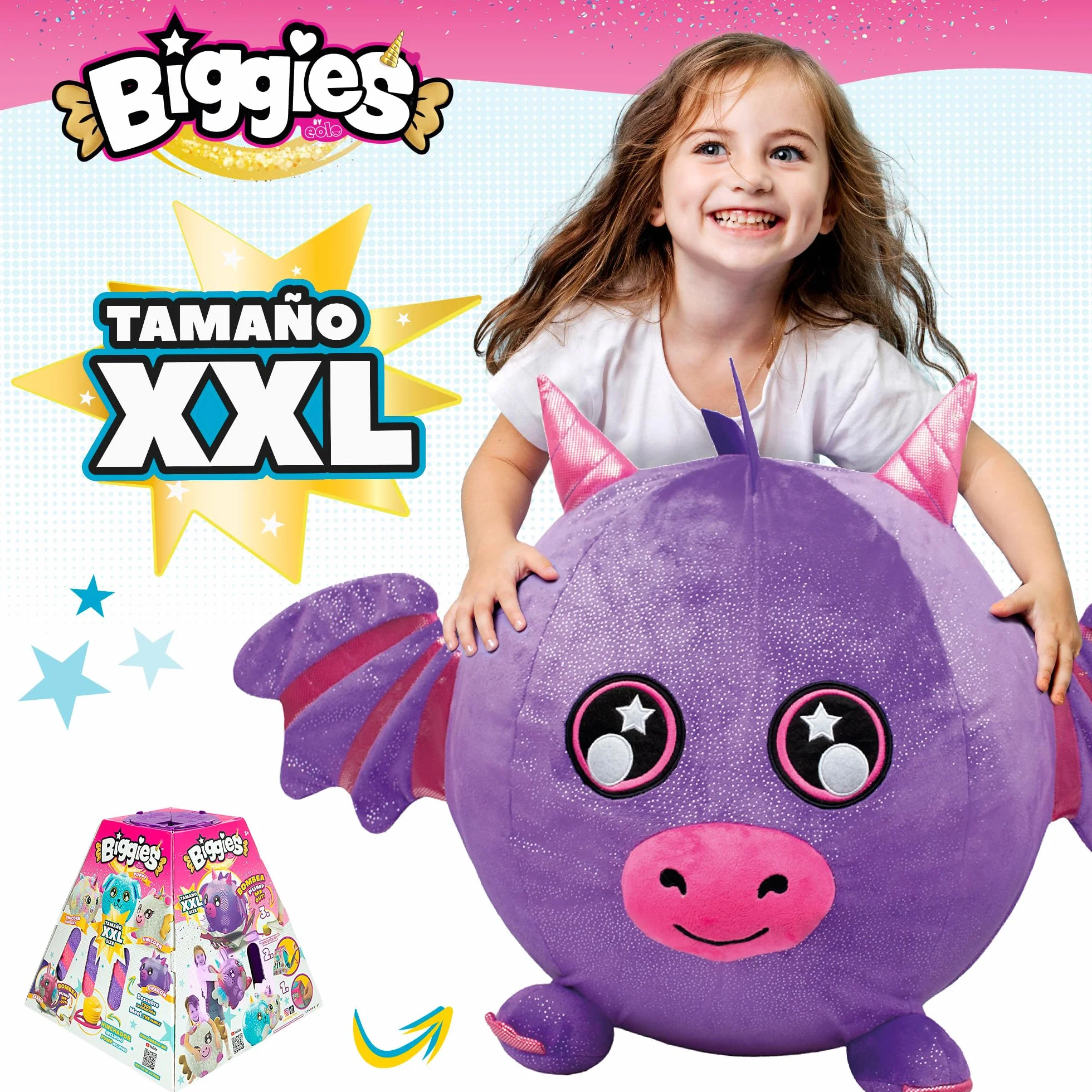ColorBaby Biggies gigantyczny pluszowy smok, w zestawie pompka do stóp, rozmiar XXL, zabawki niespodzianki, miękka piłka, zabawki zwierzęce, prezent dla dziewczynki 3 lata, pluszowe zabawki prezent