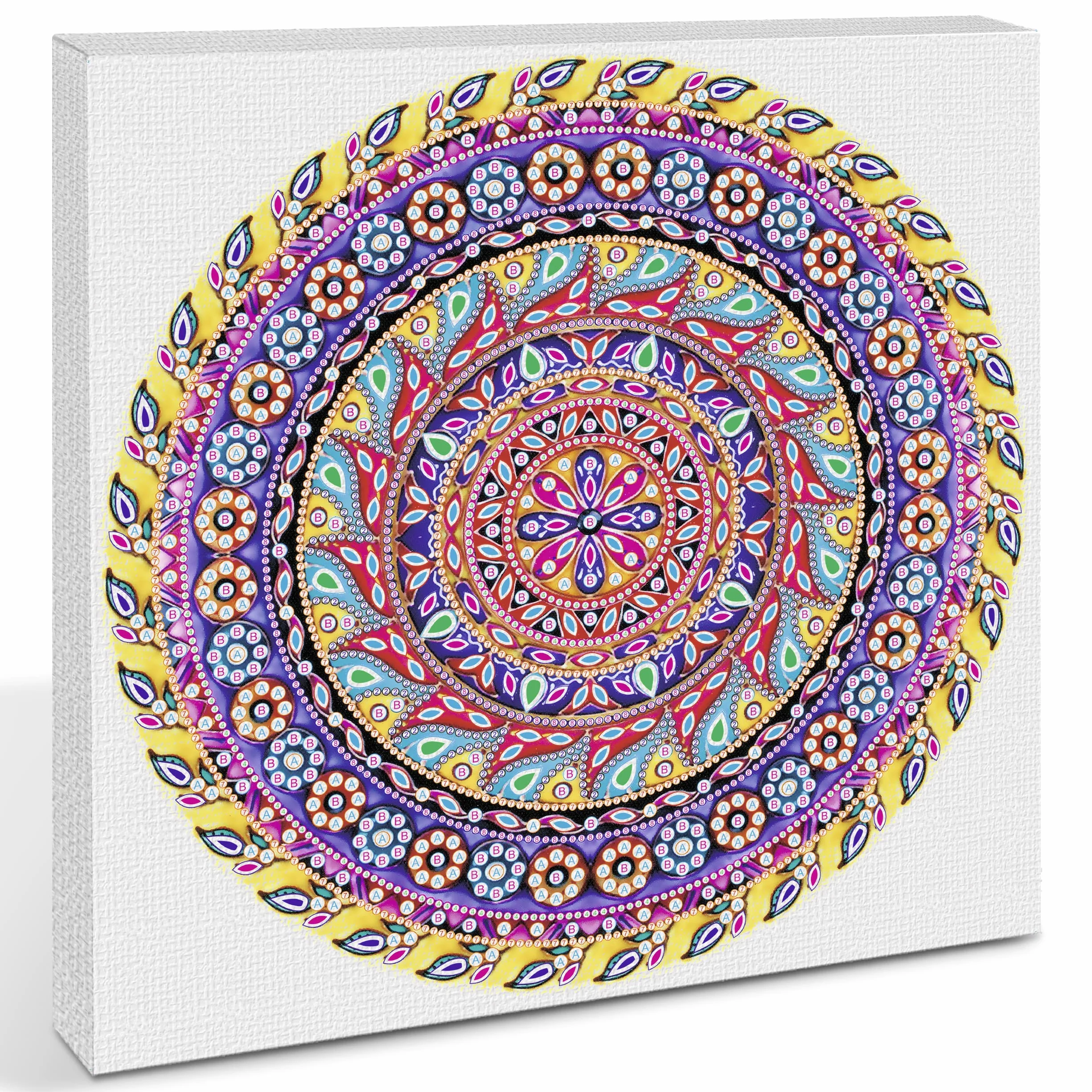 Ursus 43520004F Zestaw 4 do malowania diamentami, mandala, zestaw do majsterkowania z kamyczkami w kolorze żółtym, fioletowym i różowym, 1 płótno 30 x 30 x 1,5 cm