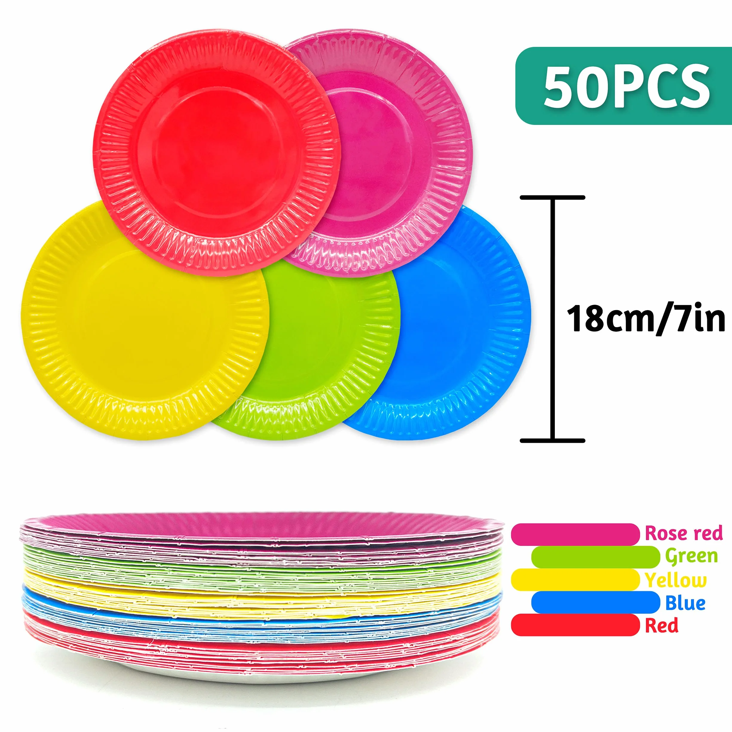 AMJKEJI Talerze papierowe, 50 sztuk, kolorowe talerze papierowe, 18 cm, zestaw jednorazowych talerzy na urodziny, wesele, Boże Narodzenie, wieczory przy grillu, kemping