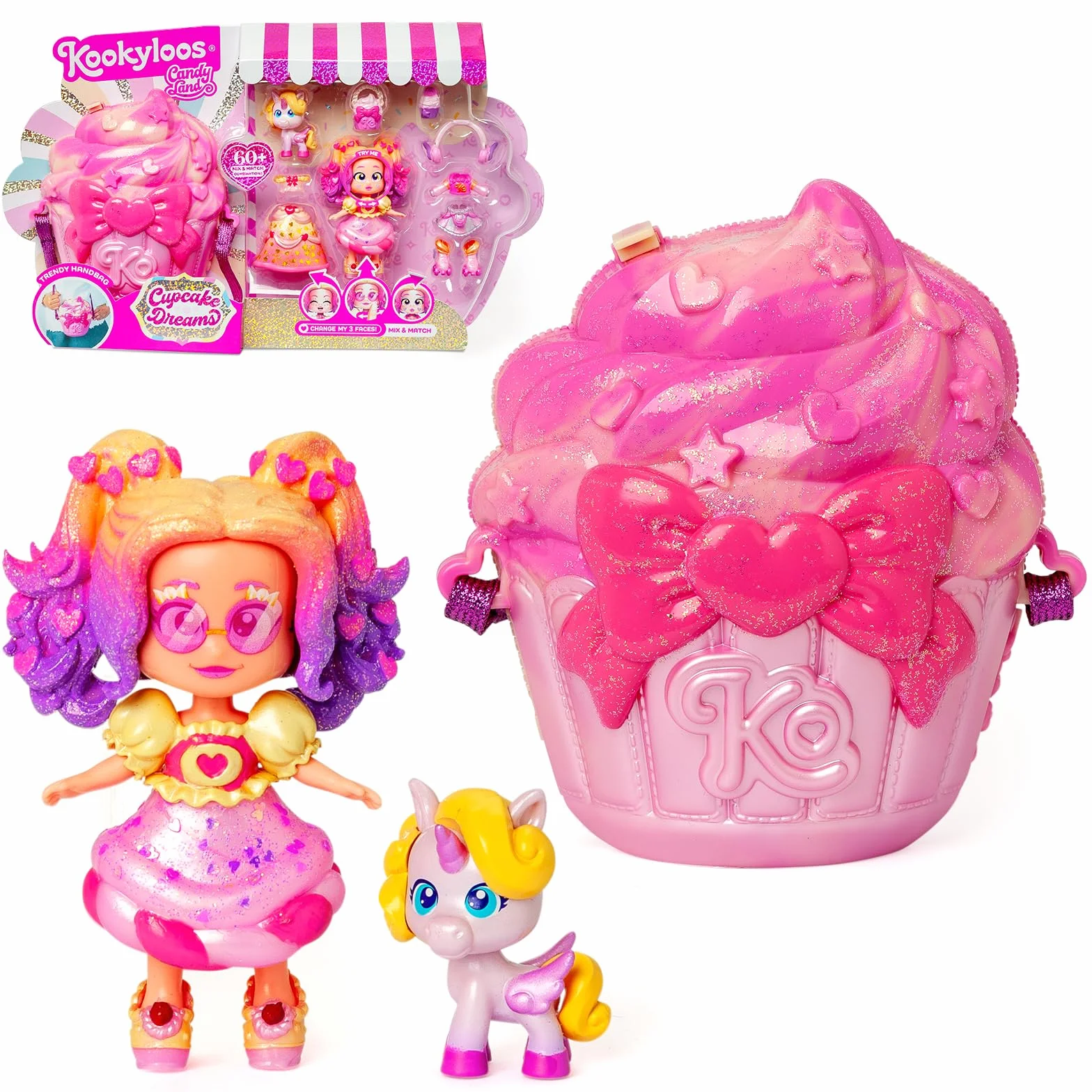 KOOKYLOOS CANDY LAND CUPCAKE DREAMS – 3 w 1 słodka stylowa lalka,zawartość:1 laleczka,3 stroje,2 pary bucików, mały jednorożec,przekąska, akcesoria Mix&Match i różowa torebka babeczka.
