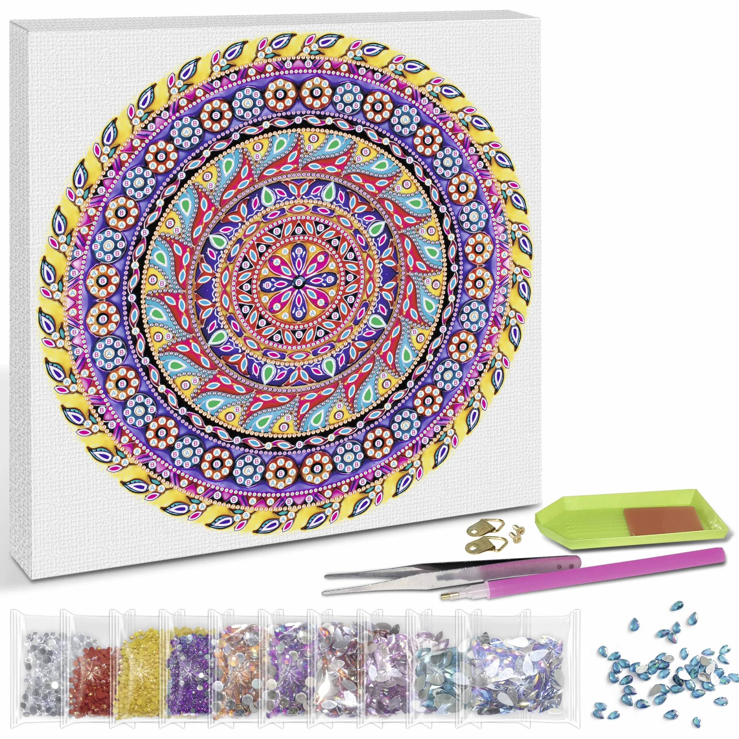 Ursus 43520004F Zestaw 4 do malowania diamentami, mandala, zestaw do majsterkowania z kamyczkami w kolorze żółtym, fioletowym i różowym, 1 płótno 30 x 30 x 1,5 cm